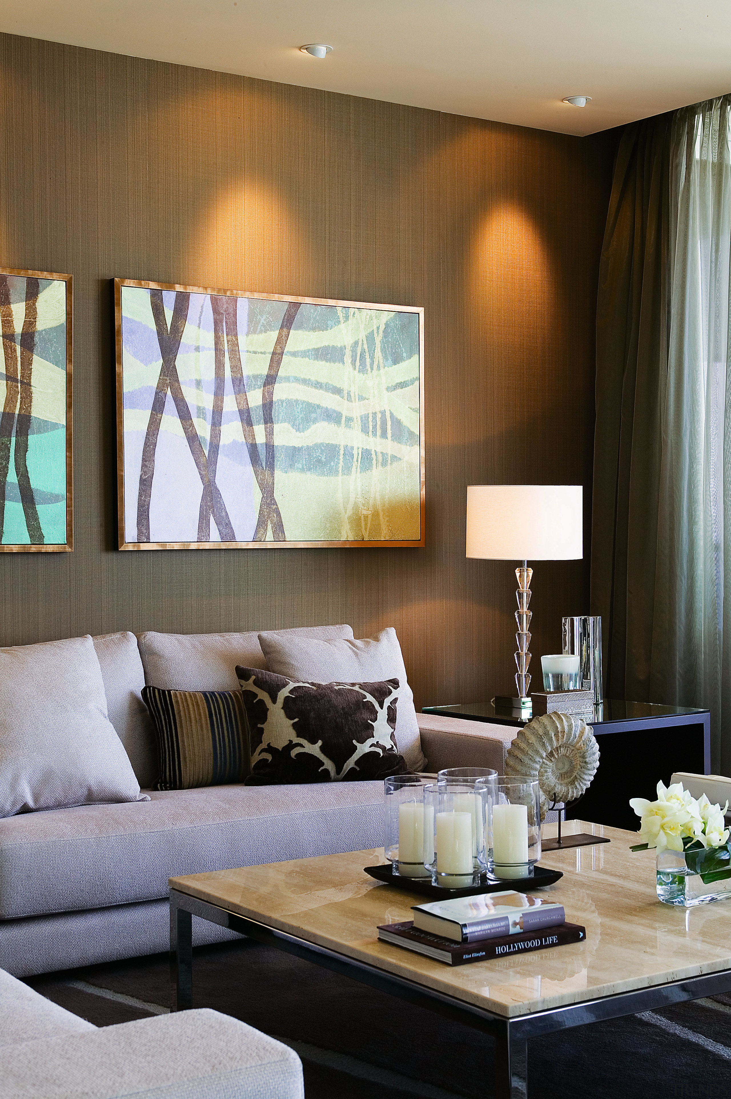 view of the living area featuring contemporary furniture, ceiling, furniture, home, interior design, living room, room, table, wall, window, window covering, gray