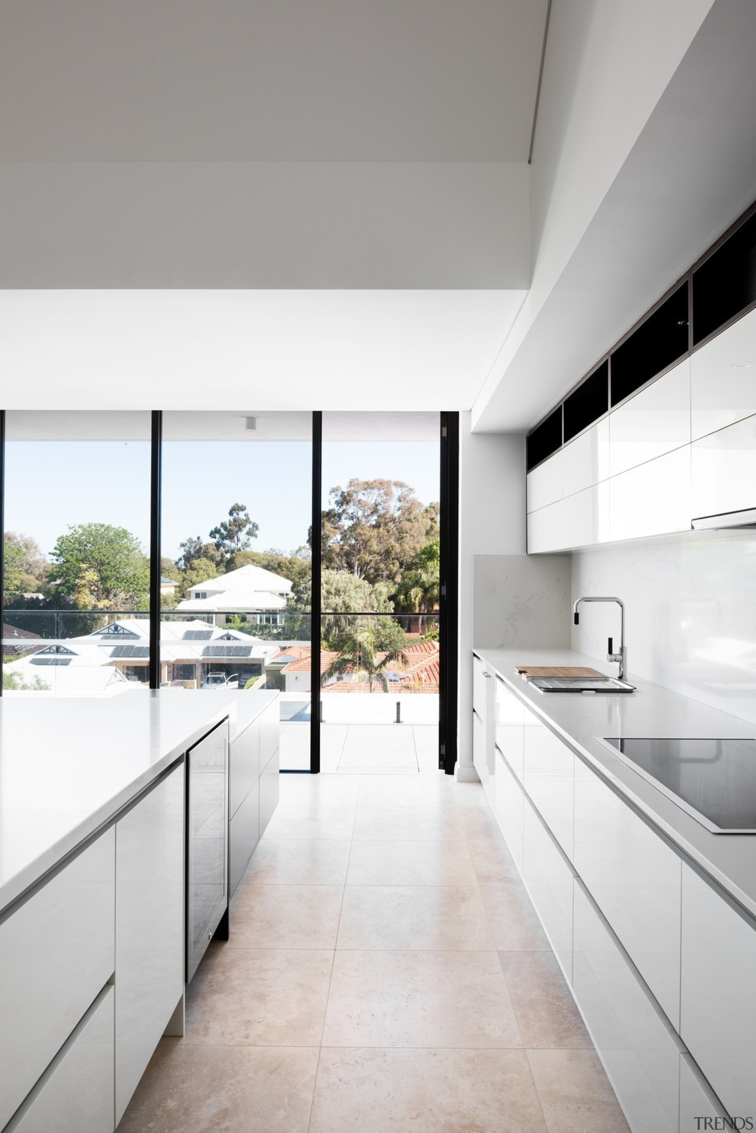 Views out to the neighbourhood beyond - Views architecture, countertop, daylighting, floor, flooring, house, interior design, kitchen, tile, white, gray