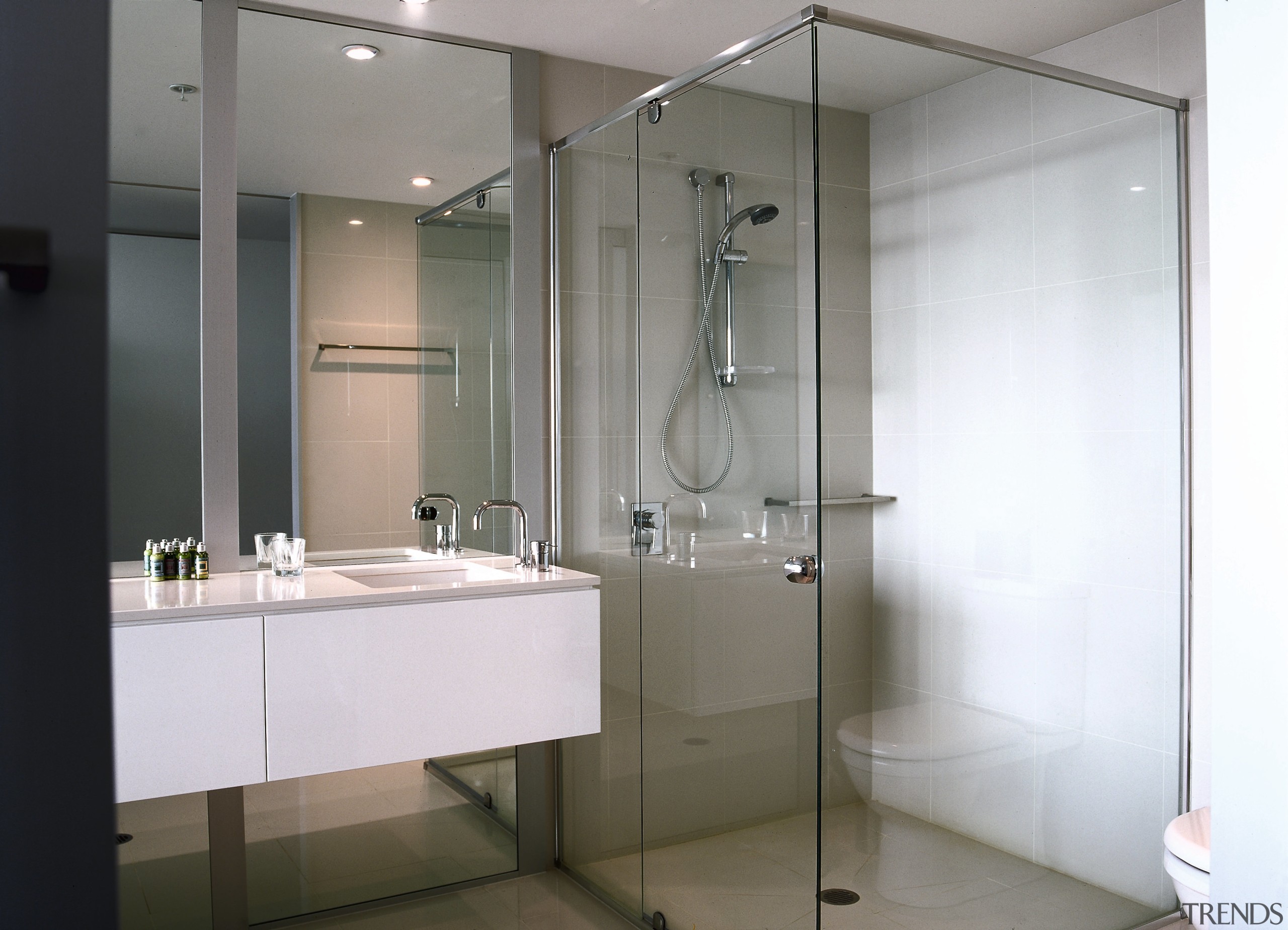 Bathroom with clear glass shower enclosure panels with bathroom, glass, interior design, plumbing fixture, product design, room, gray, white