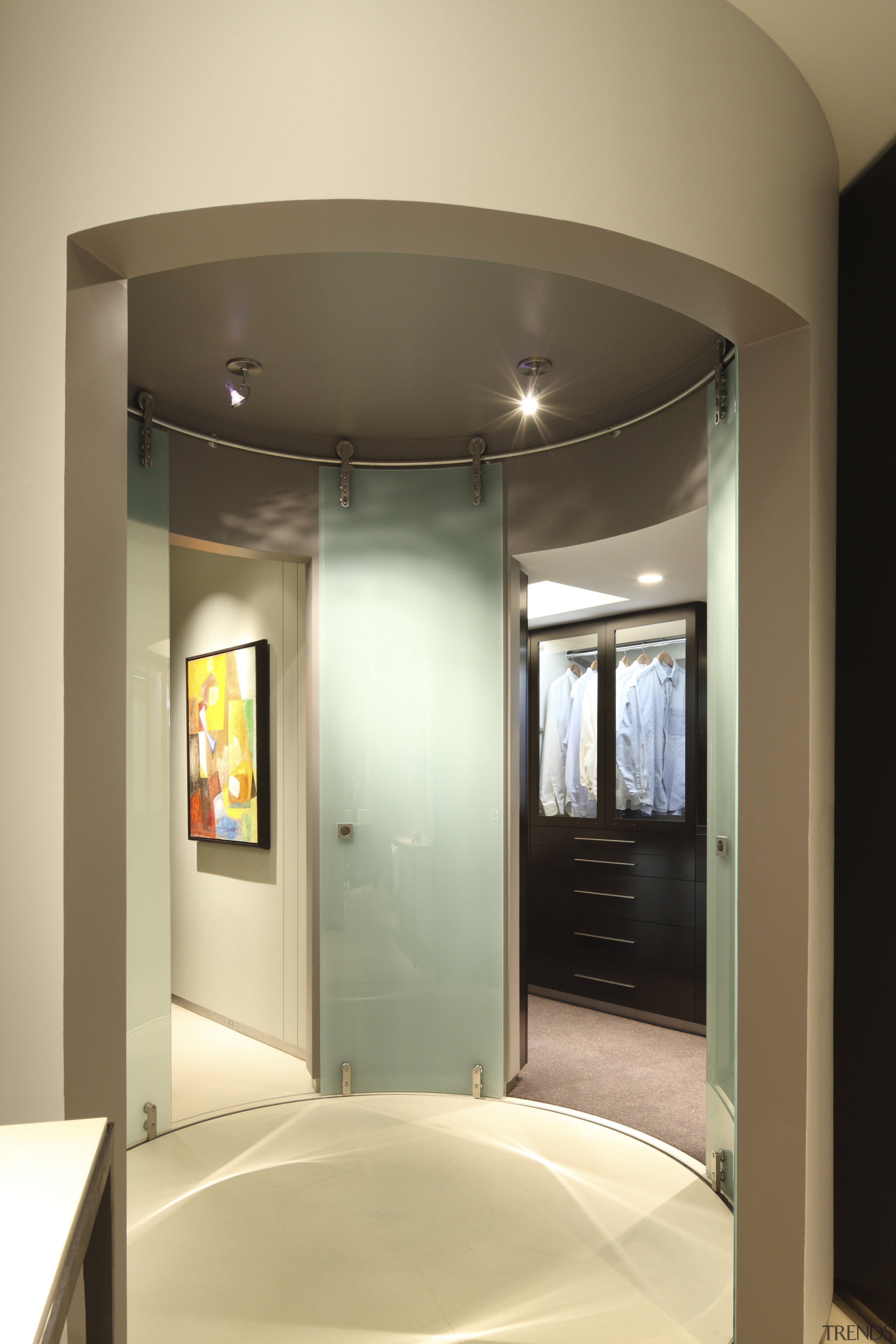 View of circular mirror feature. - View of architecture, bathroom, ceiling, door, interior design, room, orange, brown