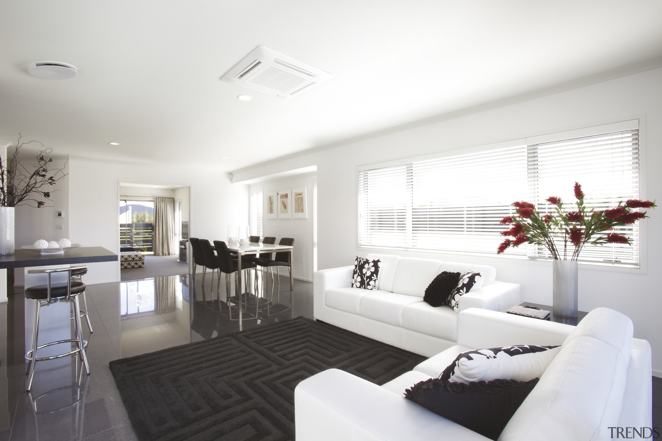 View of the open plan living and dining apartment, ceiling, home, house, interior design, living room, property, real estate, room, window, white