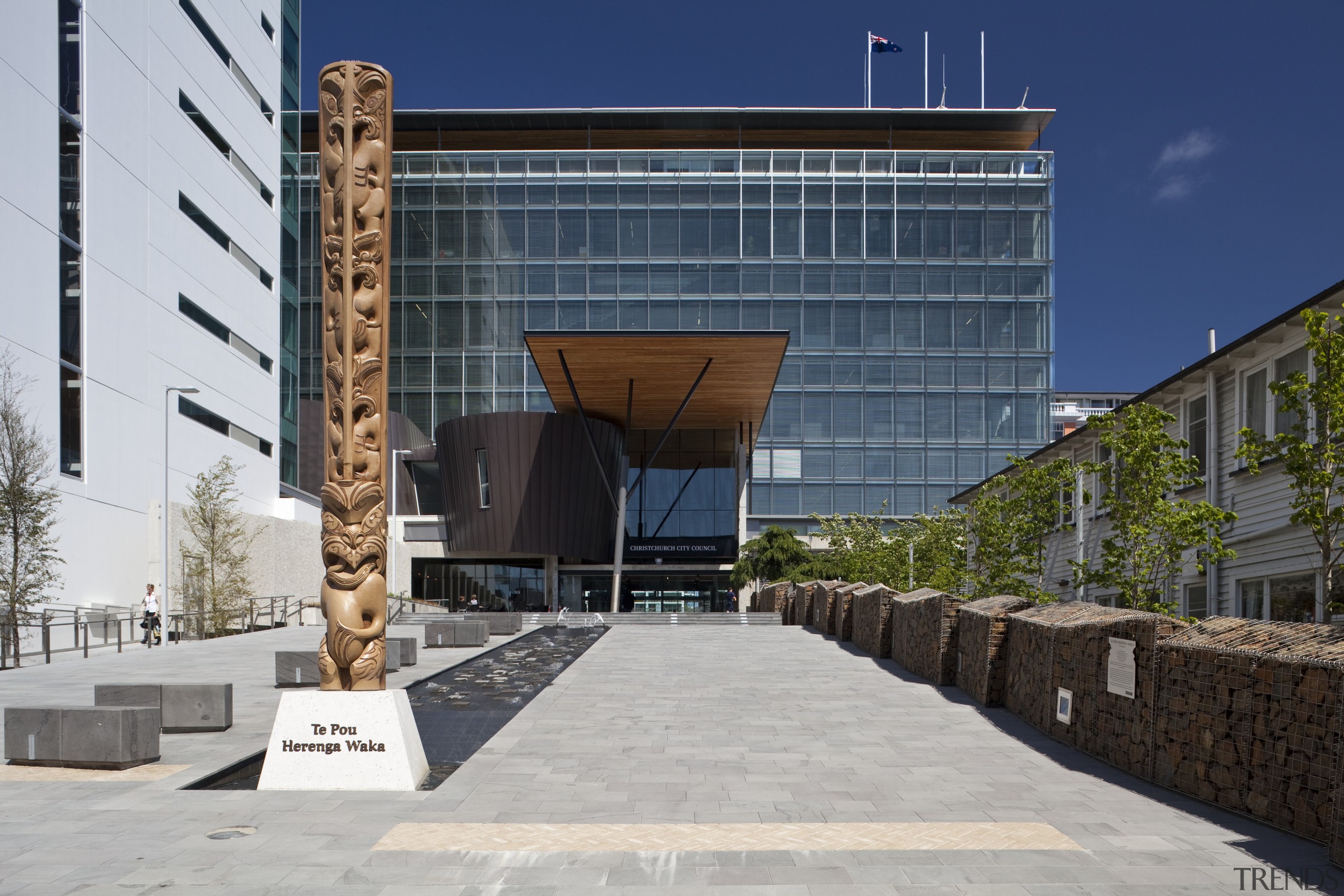 View of the Christchurch City Council building, with architecture, building, commercial building, condominium, corporate headquarters, facade, headquarters, mixed use, real estate, gray