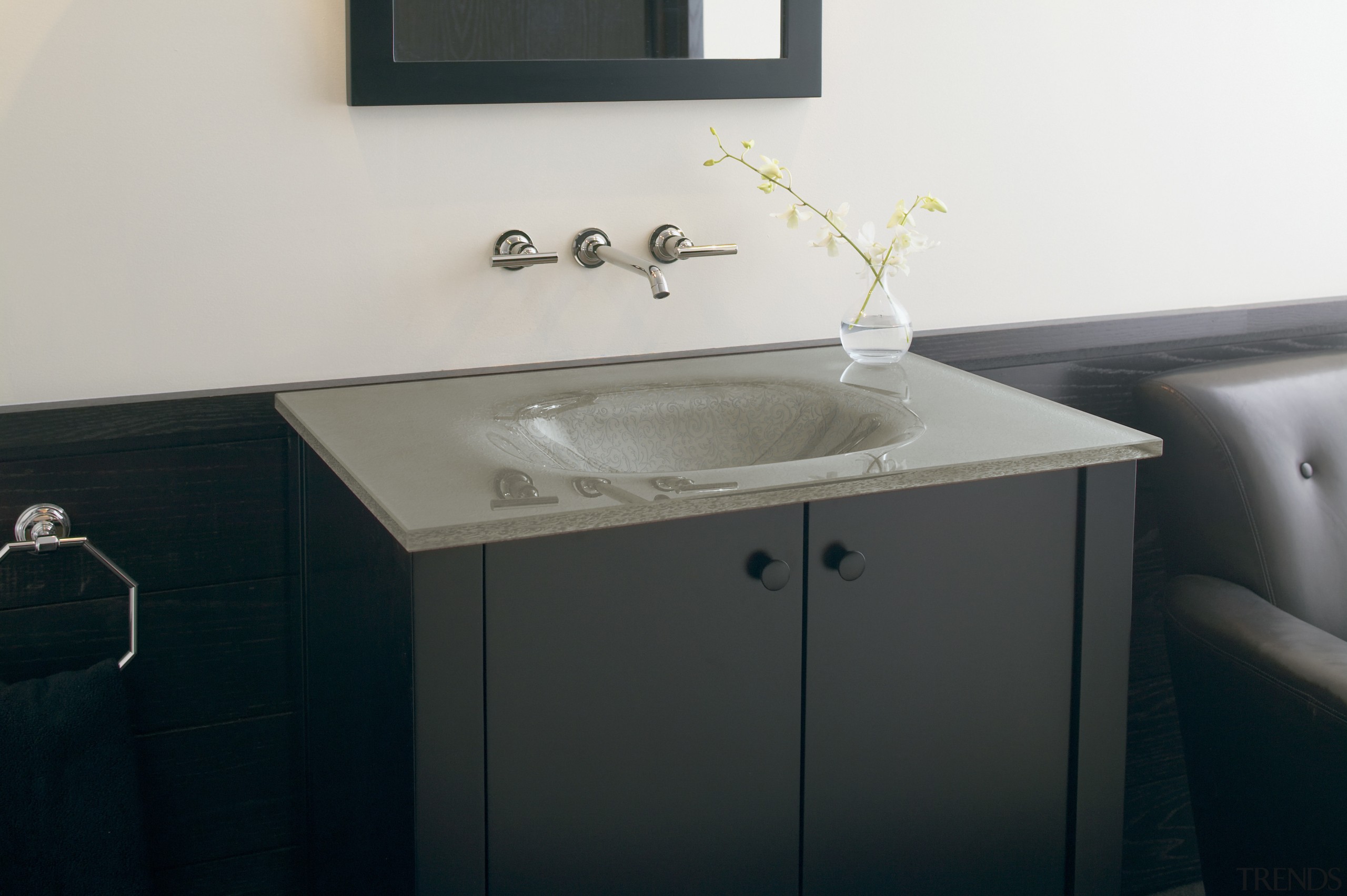 Image of a basin and tapware by the bathroom, bathroom accessory, bathroom cabinet, bathroom sink, countertop, plumbing fixture, product design, room, sink, tap, black, white