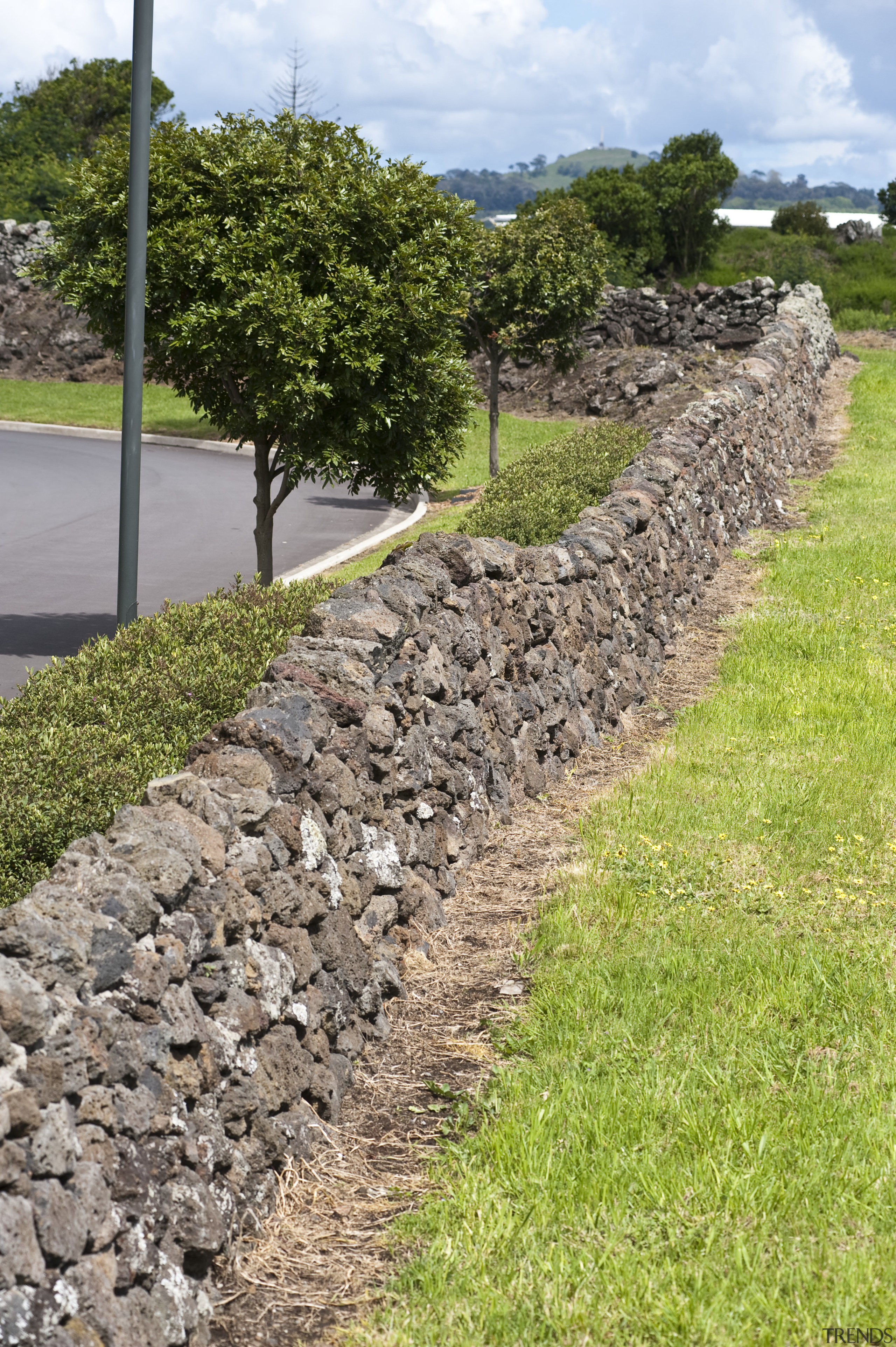 View of Mt Wellington stone walls. - View grass, landscape, path, plant, road, road surface, soil, stone wall, tree, walkway, wall