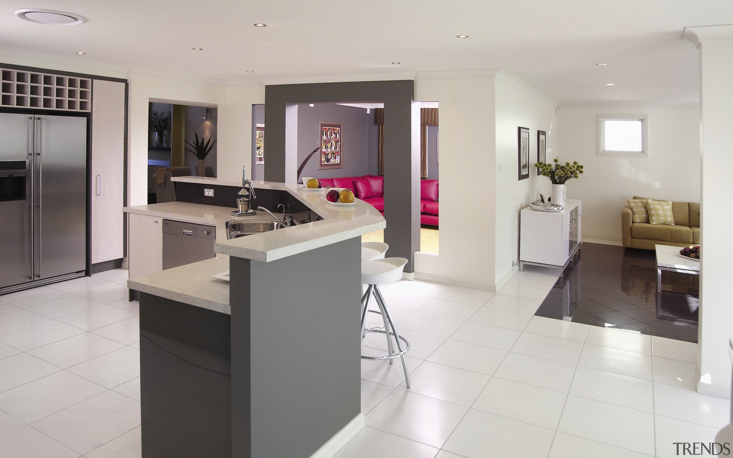 Open plan kitchen with grey cabinetry, flecked benchtop, countertop, floor, flooring, interior design, kitchen, property, real estate, room, gray