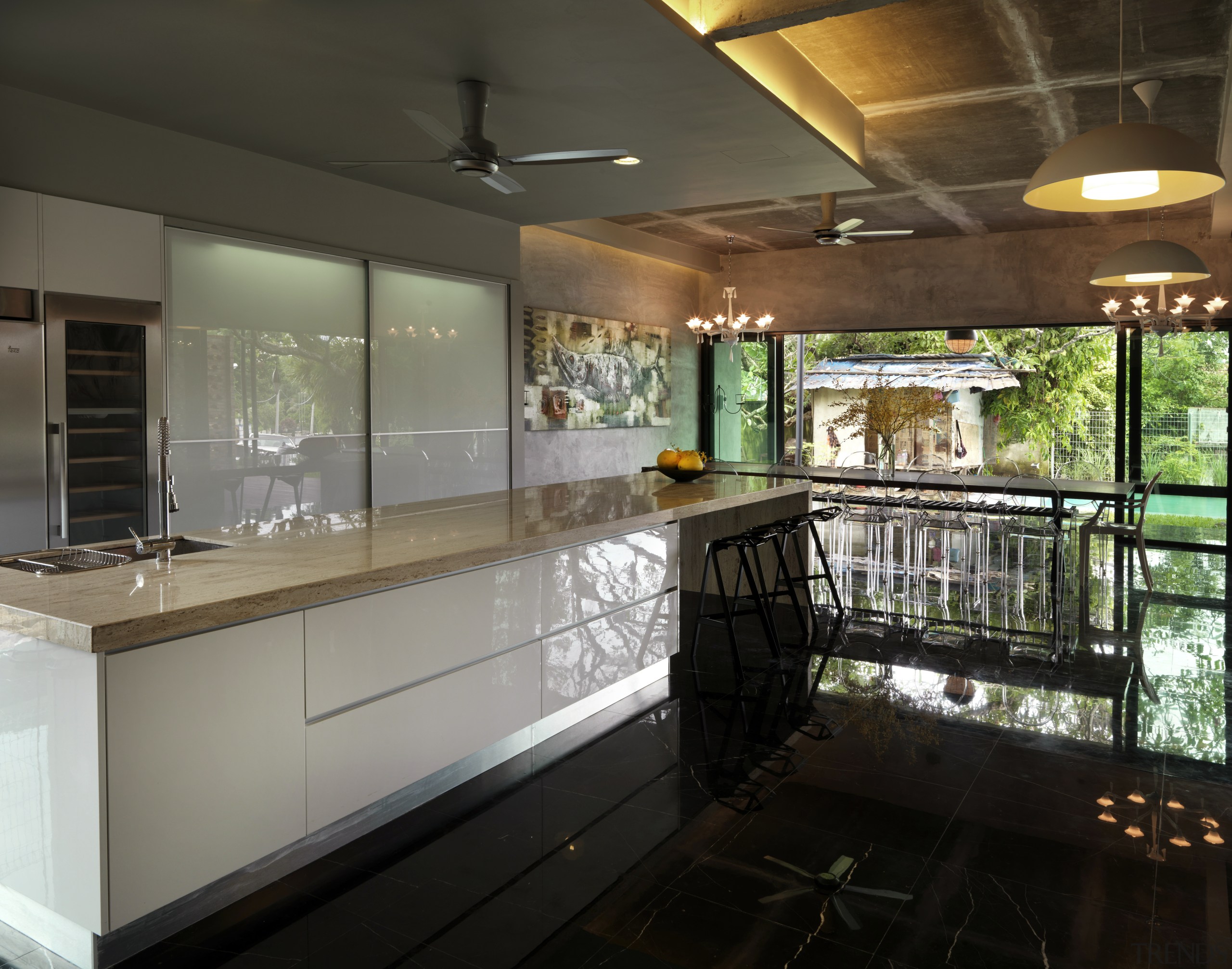 This house was designed by Dr Tan Loke ceiling, countertop, interior design, kitchen, real estate, black