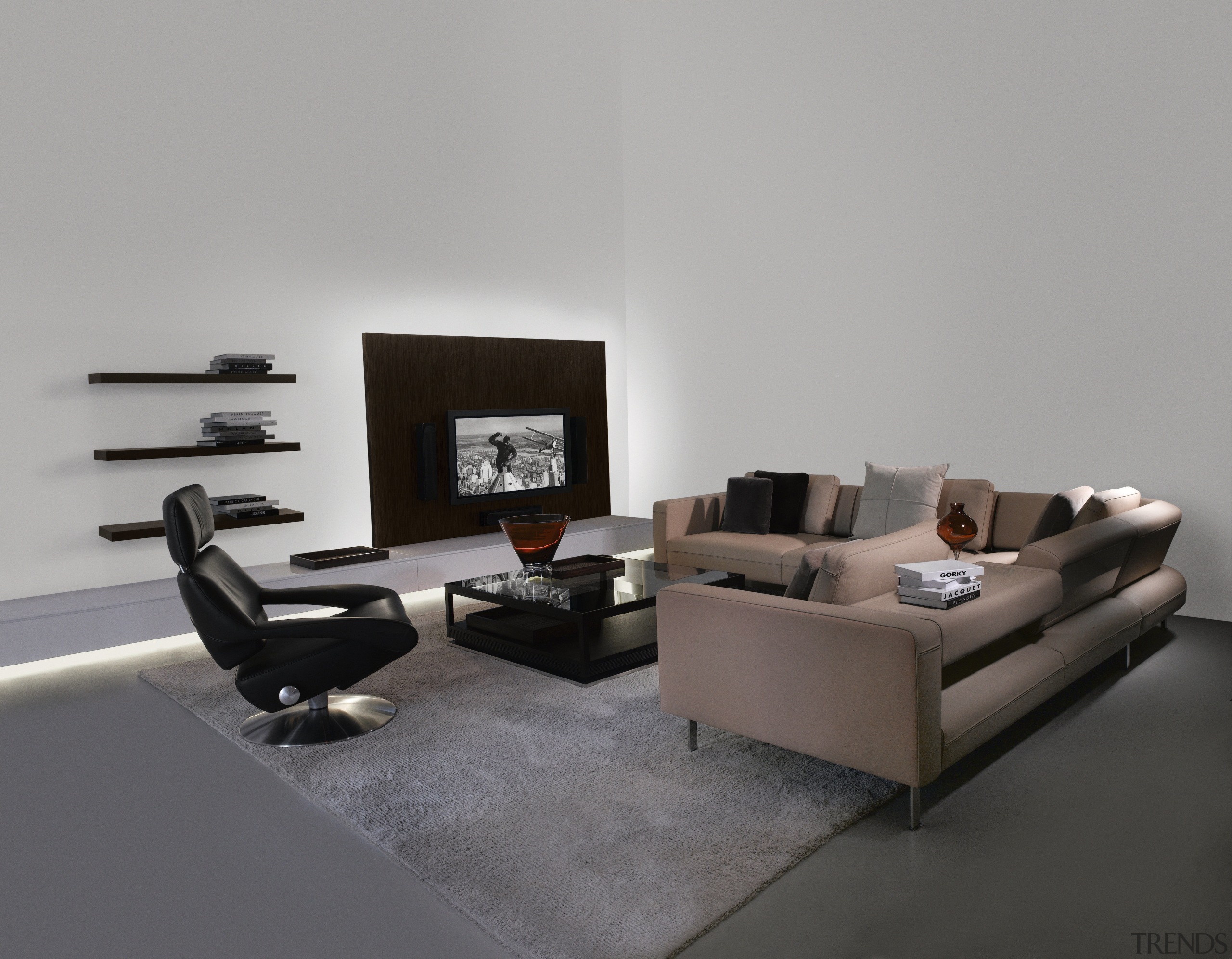 Contemporary lounge furniture with sectional sofa, black armchair angle, chair, coffee table, couch, floor, furniture, interior design, living room, product, product design, table, gray