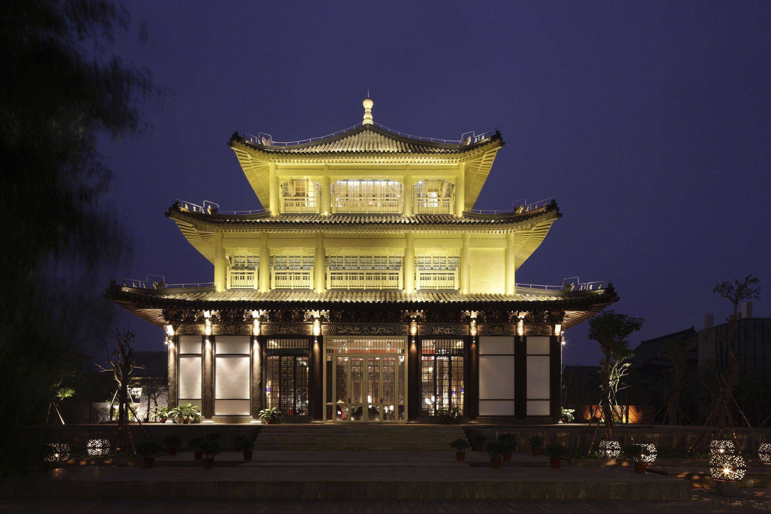 View of exterior at night. - View of architecture, building, chinese architecture, classical architecture, evening, facade, landmark, lighting, night, sky, temple, tourist attraction, blue, black