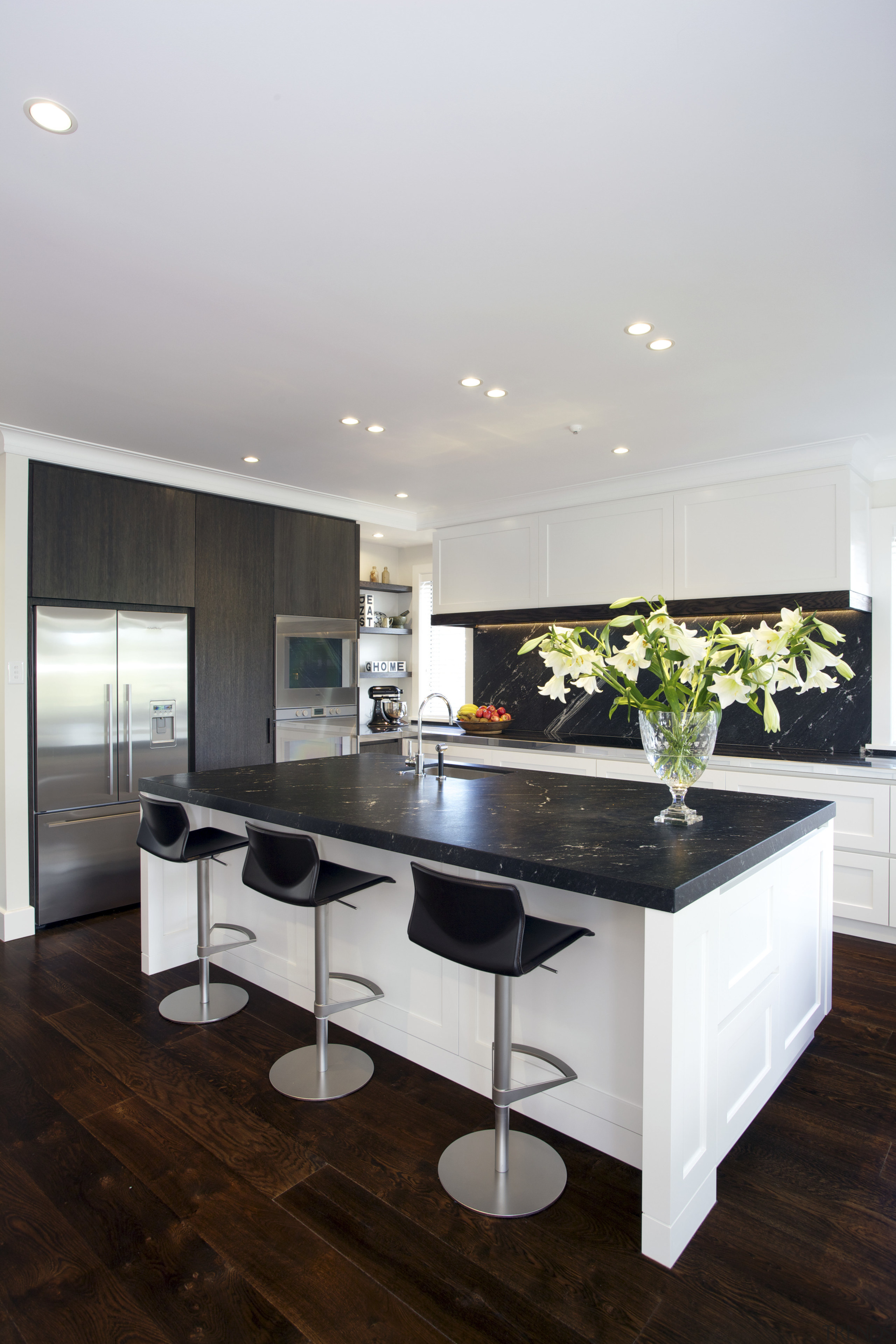 This classic kitchen by Robyn Labb offers modern countertop, floor, interior design, kitchen, real estate, room, table, white, gray