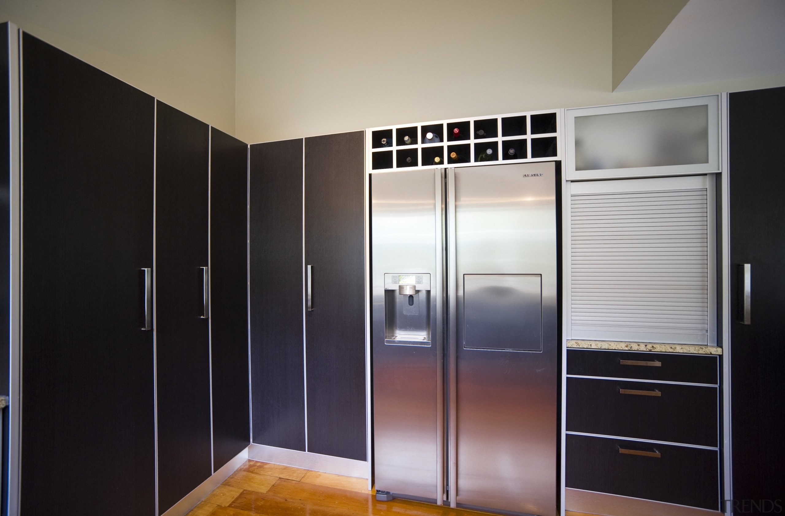 View of the contemporary kitchen - View of cabinetry, closet, cupboard, door, furniture, home appliance, interior design, room, wardrobe, black, gray