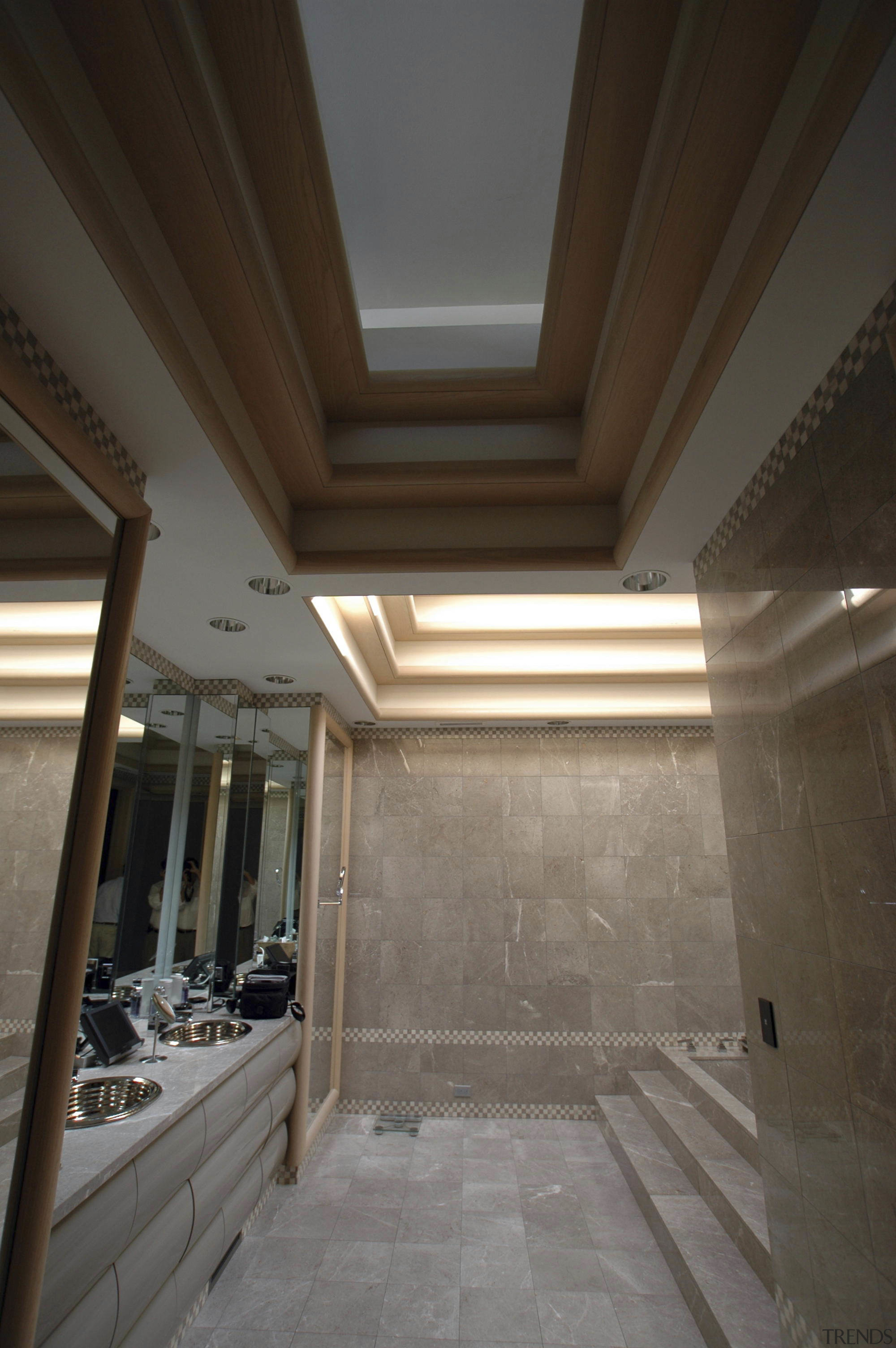 View of bathroom in a 1970's house that architecture, ceiling, daylighting, estate, floor, flooring, home, house, interior design, lighting, lobby, property, real estate, roof, structure, tile, wall, window, brown, gray