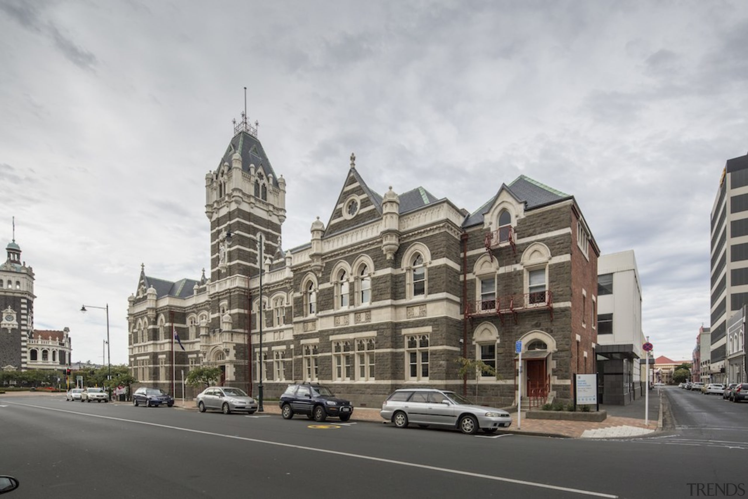 Dunedin Law Courts - building | city | building, city, classical architecture, downtown, facade, house, infrastructure, landmark, listed building, medieval architecture, metropolis, metropolitan area, neighbourhood, plaza, residential area, sky, street, town, urban area, white, gray