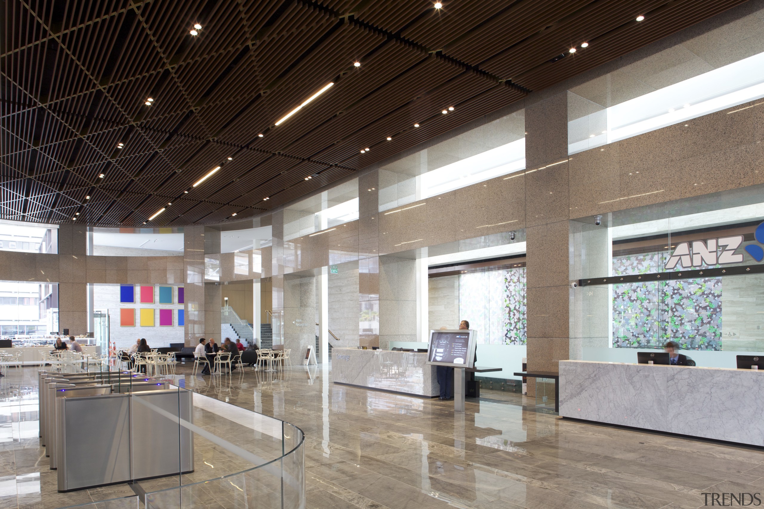 The curved, granite-clad form of the existing tower ceiling, exhibition, interior design, lobby, gray