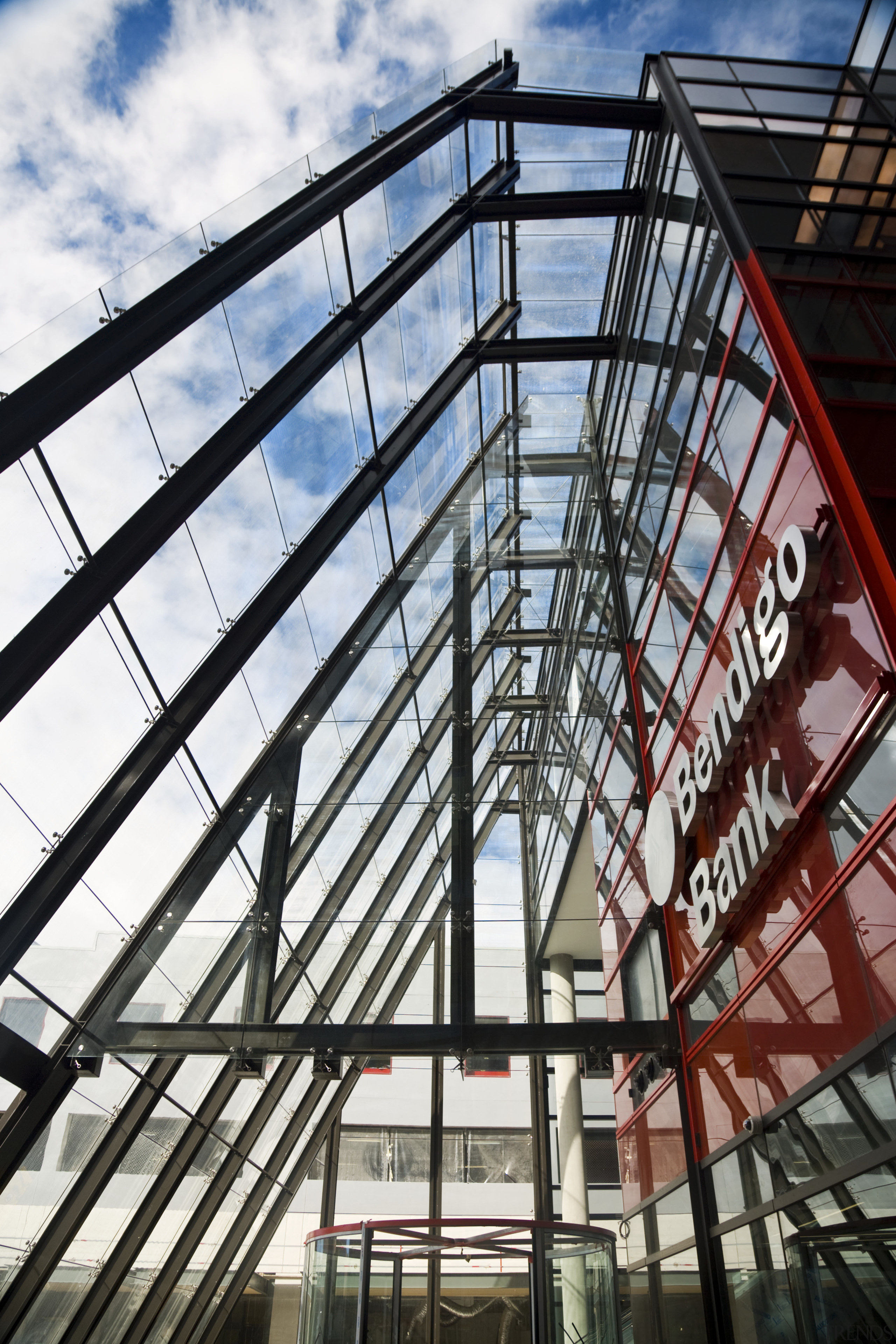 view of the sustainable Bendigo Bank offices where architecture, building, daylighting, facade, mixed use, roof, sky, structure, window, black, white