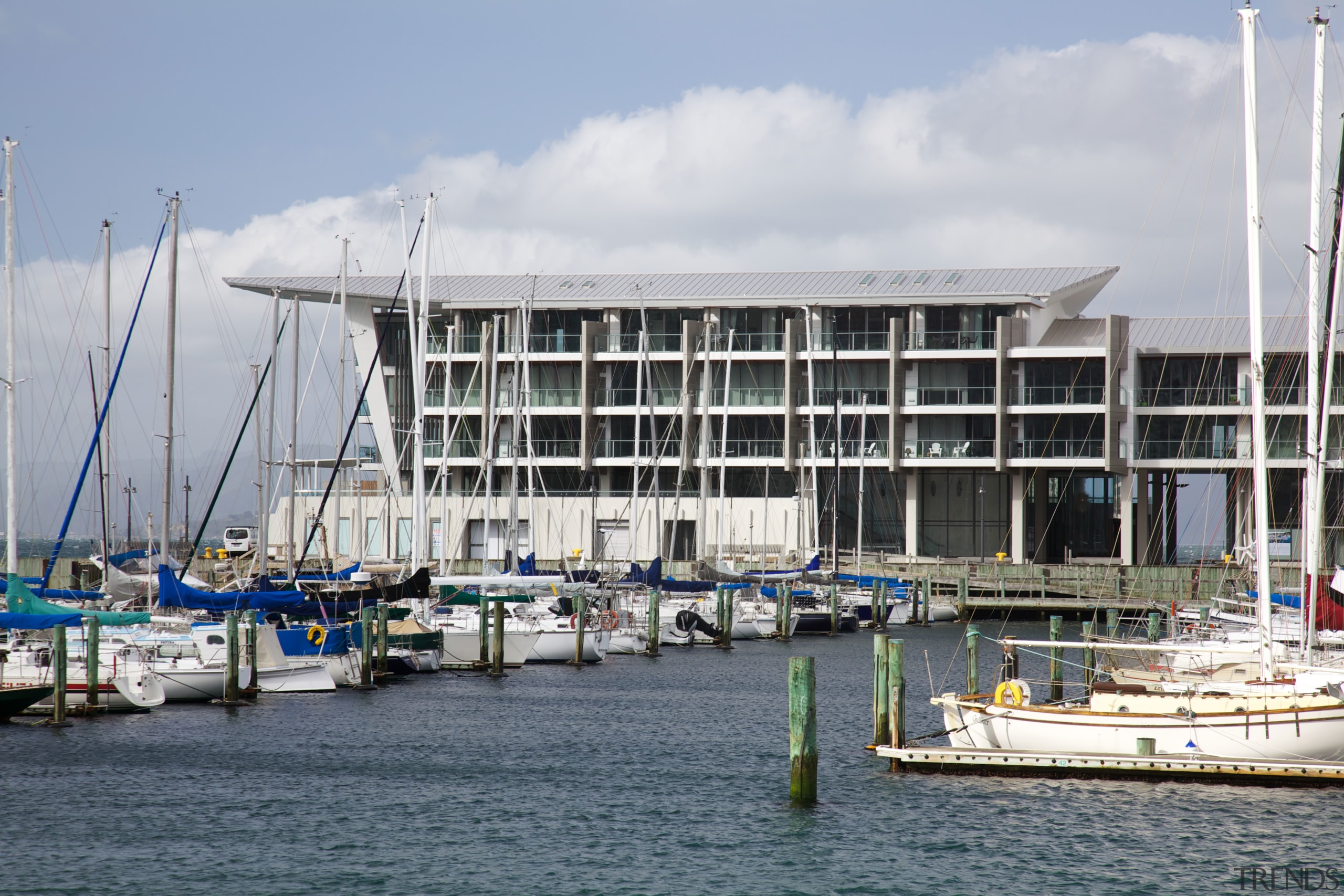 Clyde Quay Wharf development by Athfield Architects boat, channel, dock, harbor, marina, port, sea, ship, sky, water, water transportation, gray