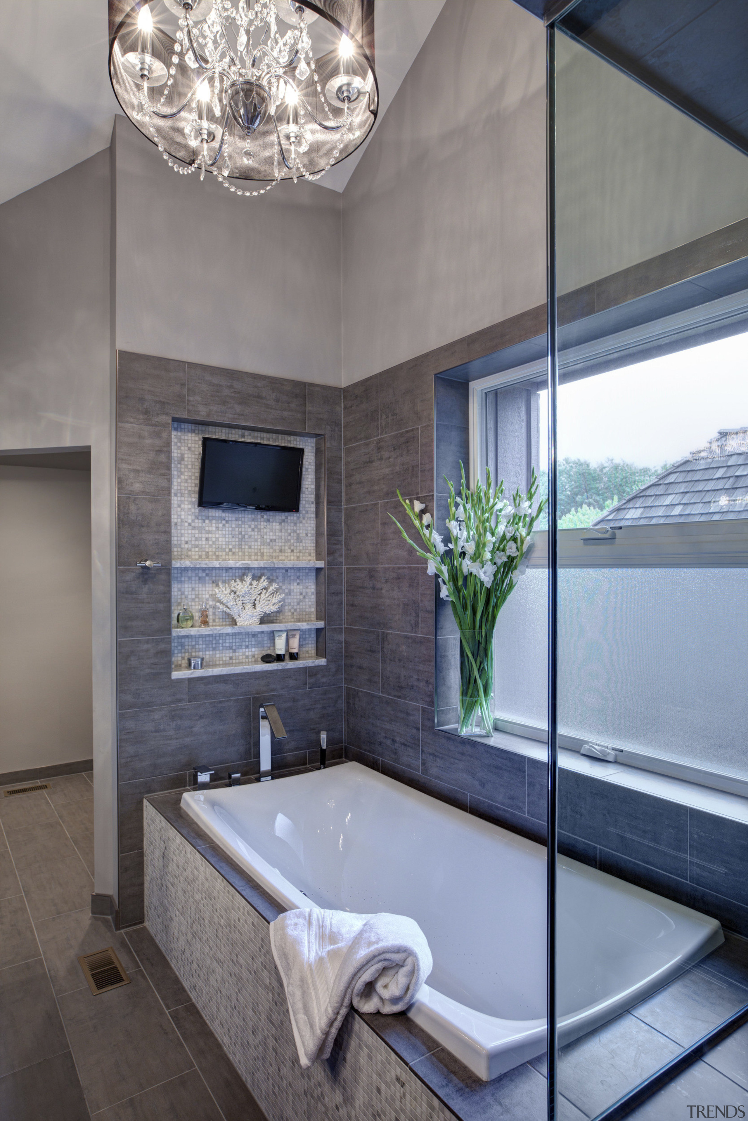 Charcoal grey porcelain tiles  lined with Carera architecture, bathroom, ceiling, daylighting, estate, floor, home, interior design, room, window, gray