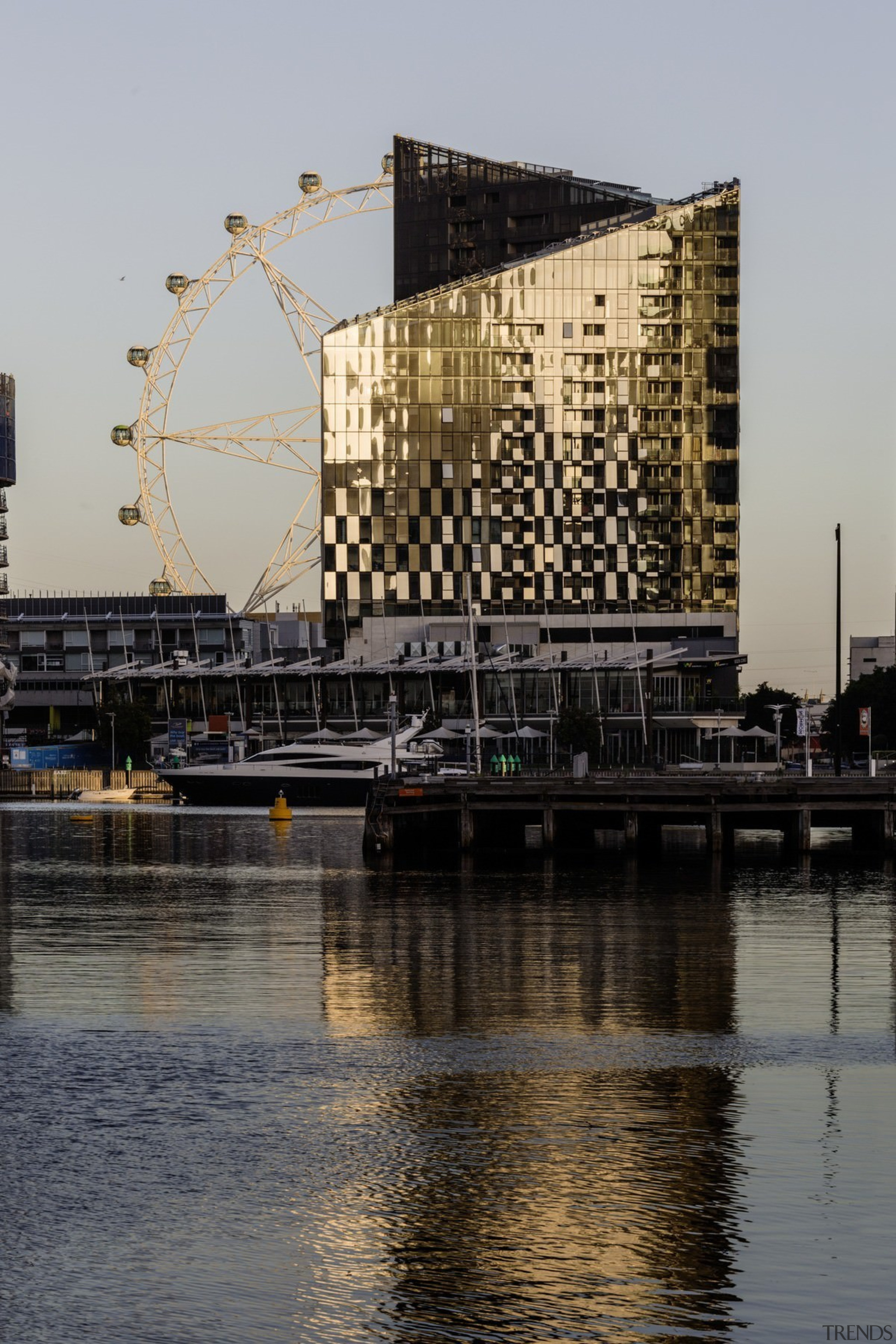 Promenade Aqui by Woods Bagot - Promenade Aqui architecture, building, city, cityscape, condominium, evening, metropolis, reflection, river, sky, skyline, skyscraper, tower block, urban area, water, waterway, gray, black