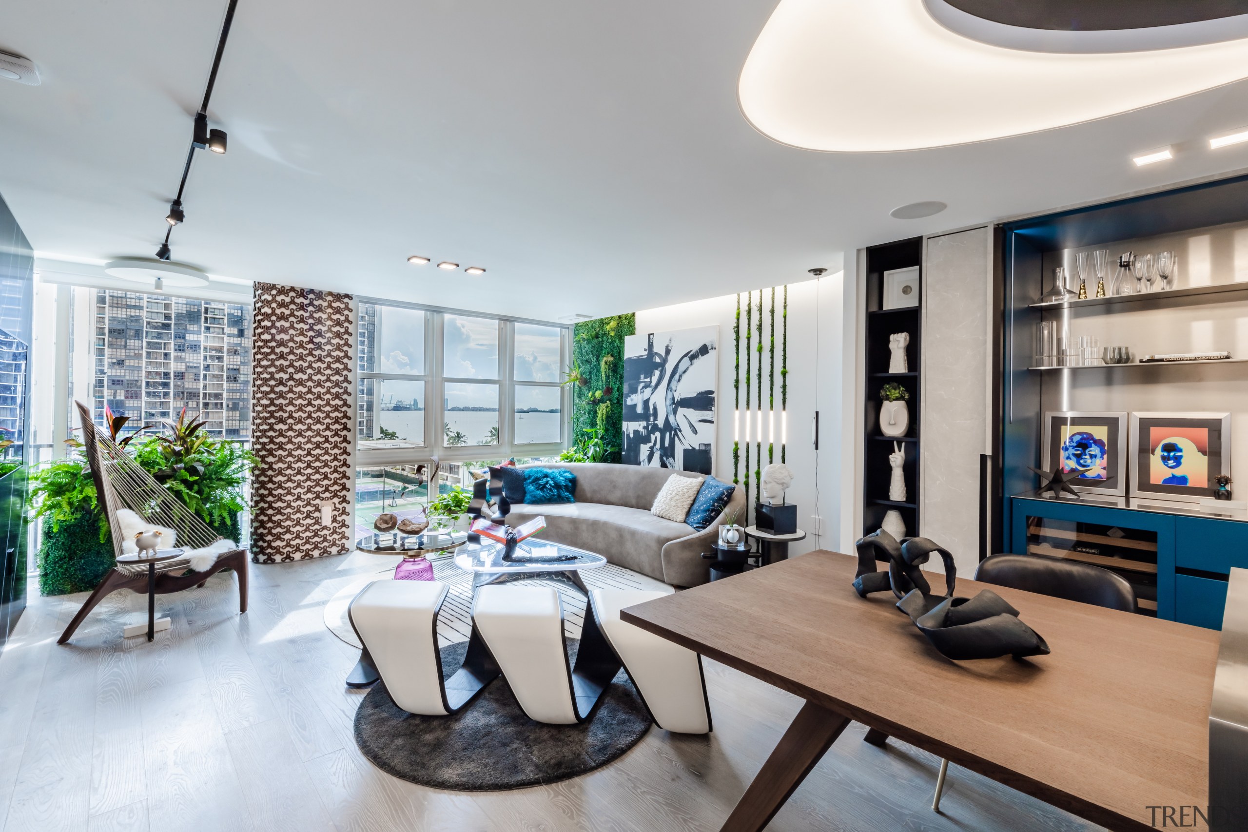 Kitchen (yes, kitchen), living and sea views. 