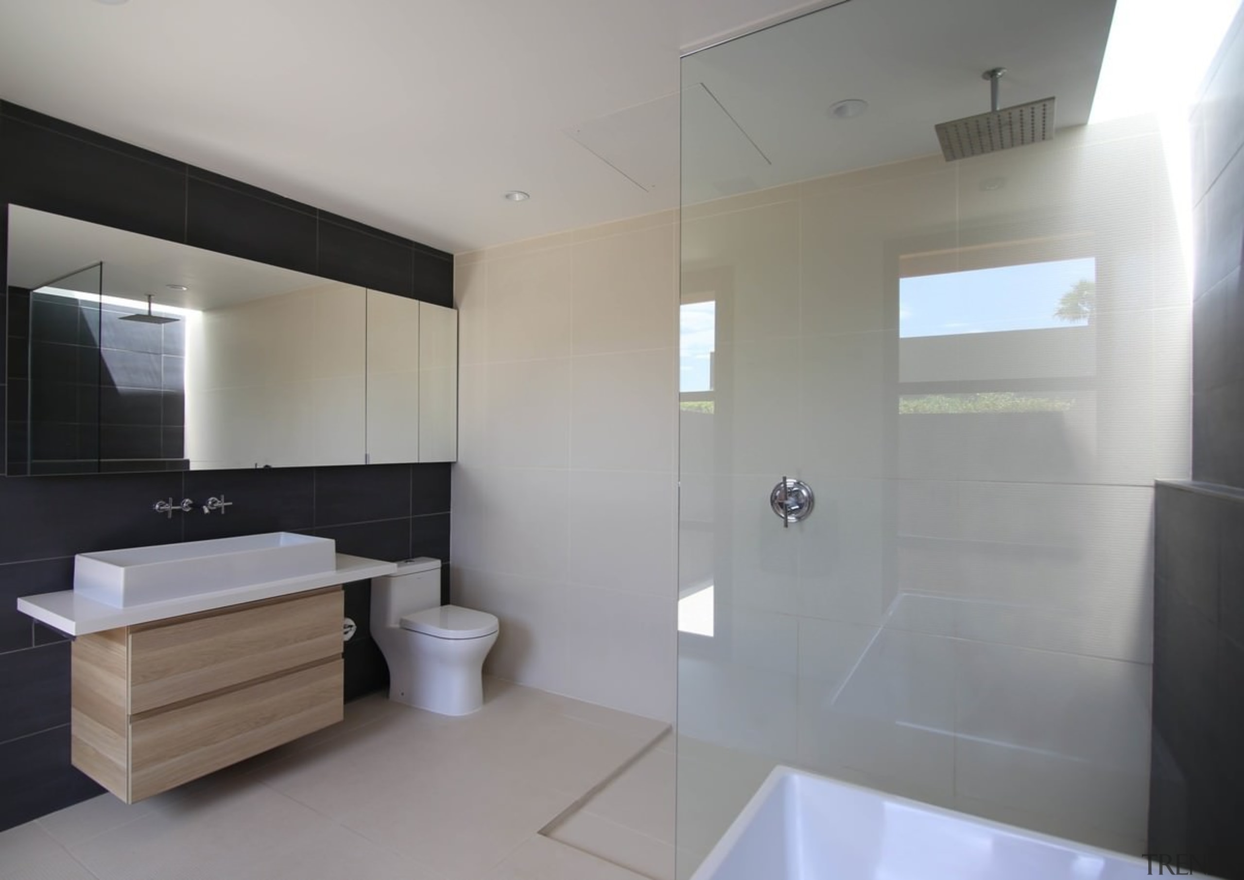 A floating vanity makes this space feel much architecture, bathroom, floor, home, interior design, property, real estate, room, gray