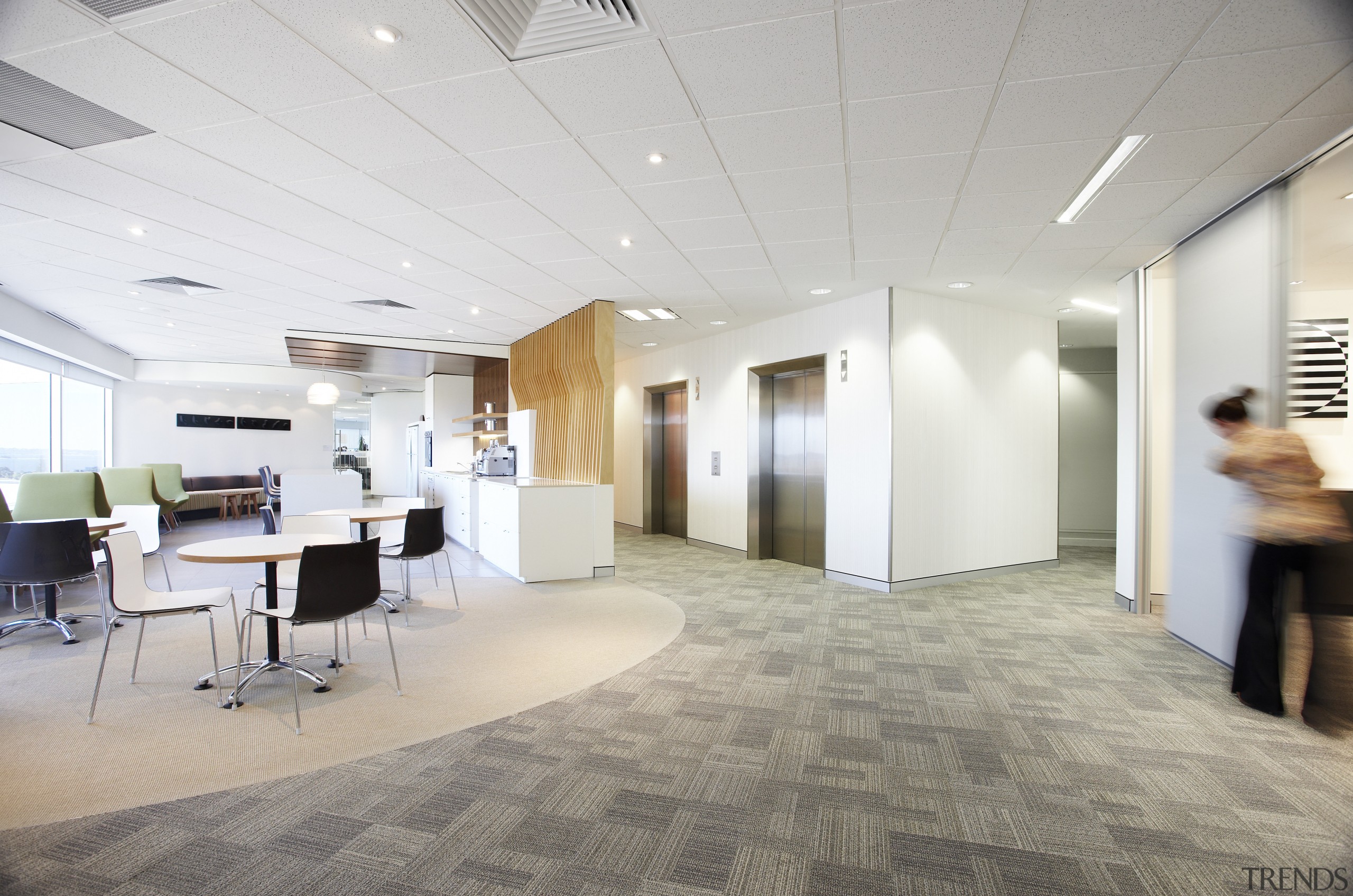 View of the cafe-styled staff break-out area which ceiling, daylighting, floor, flooring, interior design, lobby, office, real estate, wood flooring, gray, white