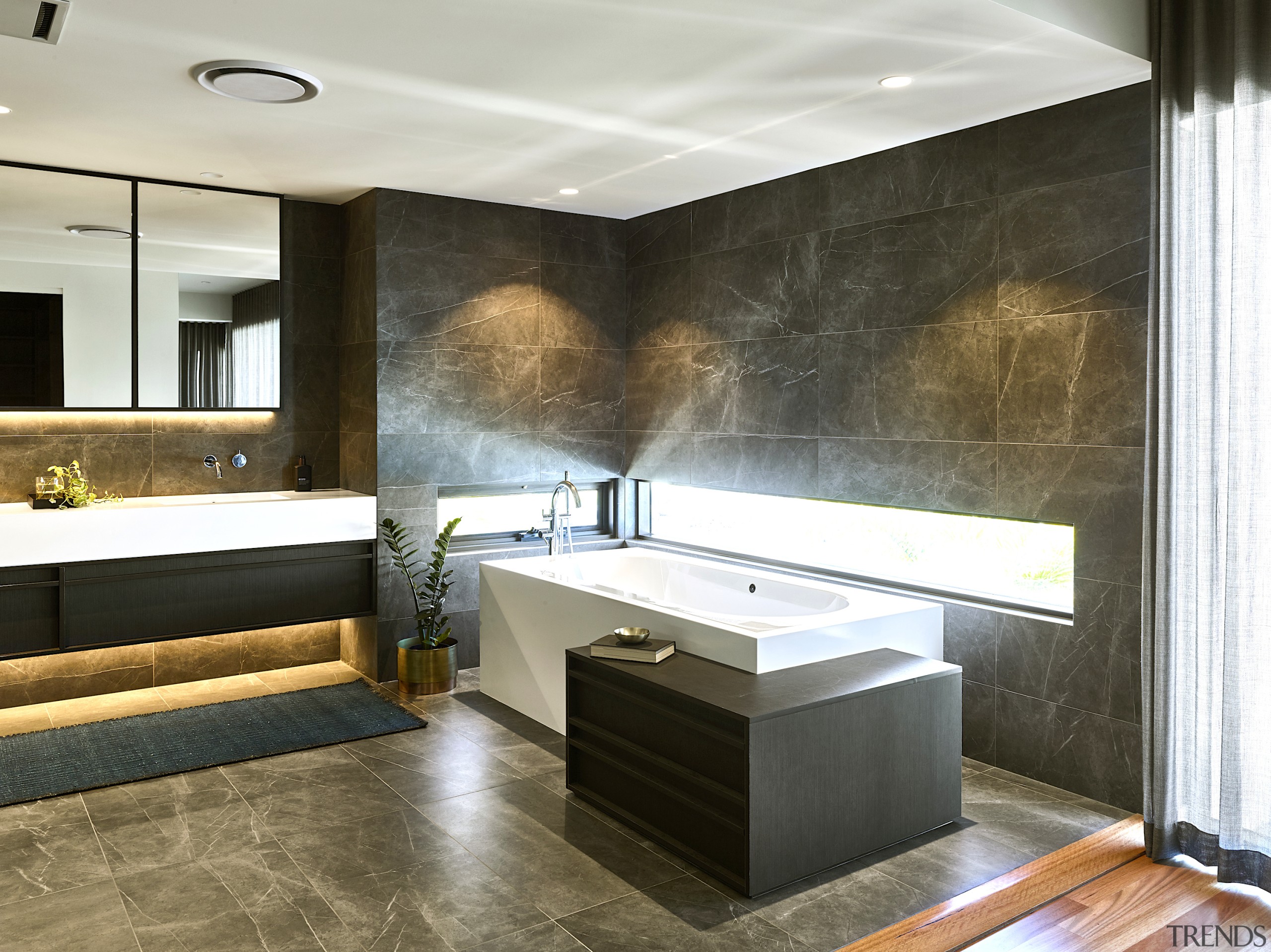 Darren James Interiors – Winner – 2019 TIDA architecture, bathroom, bathtub, building, cabinetry, ceiling, countertop, floor, flooring, furniture, home, house, interior design, material property, plumbing fixture, property, room, sink, tap, tile, wall, white, black