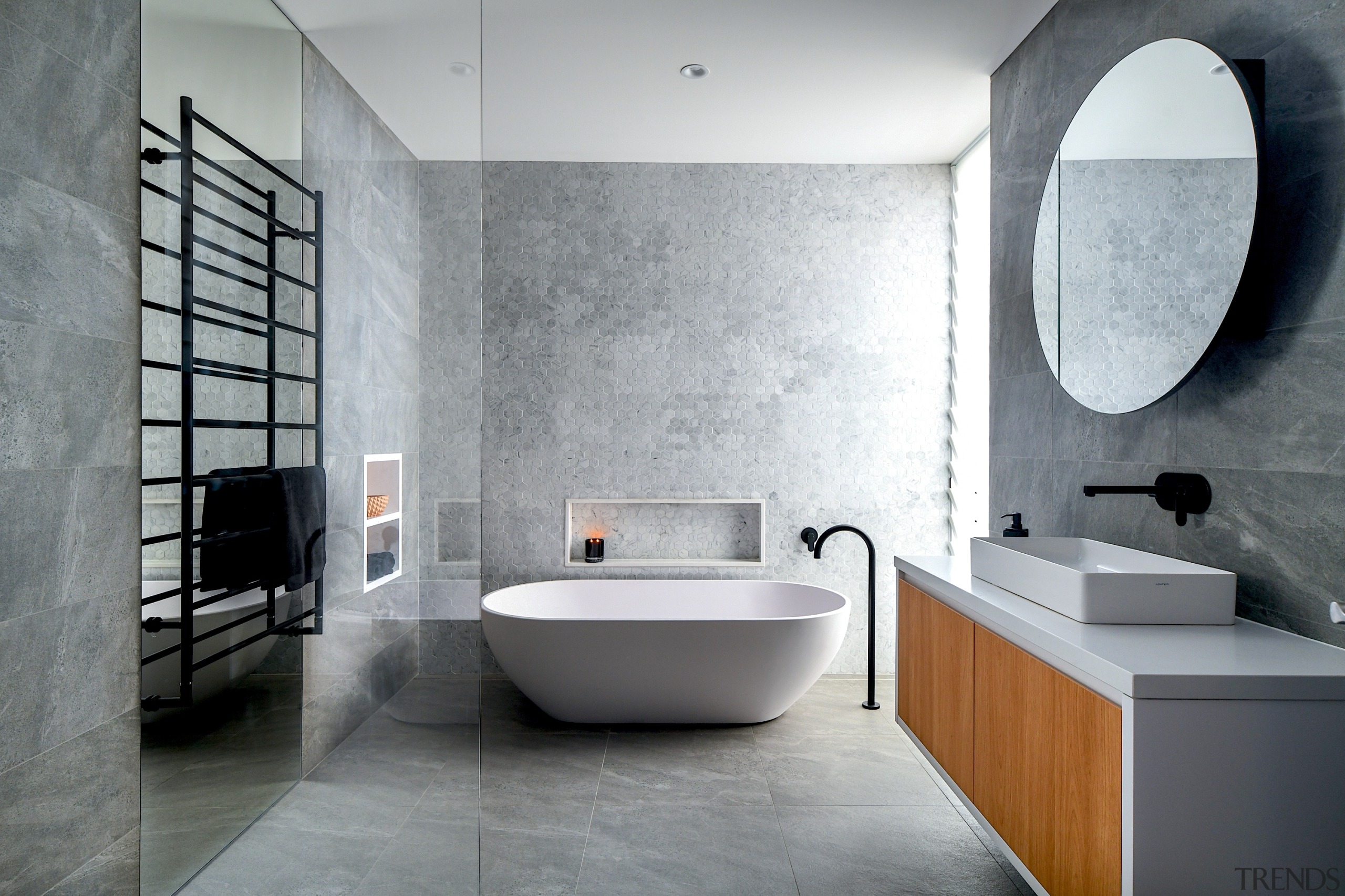 The Design Consultant – Highly Commended – 2019 architecture, bathroom, bathtub, bidet, building, ceramic, floor, flooring, house, interior design, material property, plumbing fixture, property, room, sink, tap, tile, wall, gray