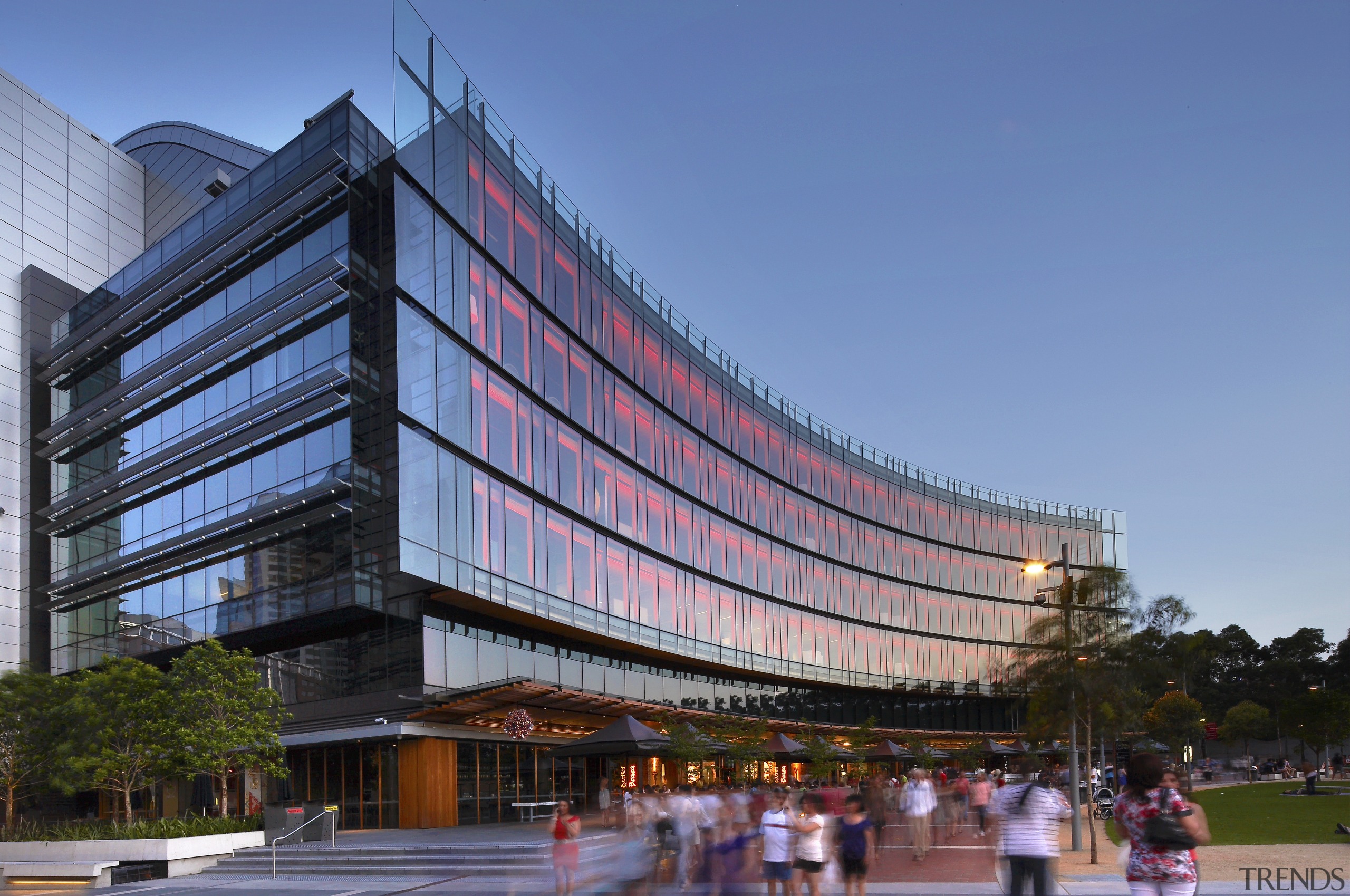 The Darling Quarter in Sydney was developed by architecture, building, commercial building, convention center, corporate headquarters, facade, headquarters, landmark, metropolis, metropolitan area, mixed use, plaza, sky, teal