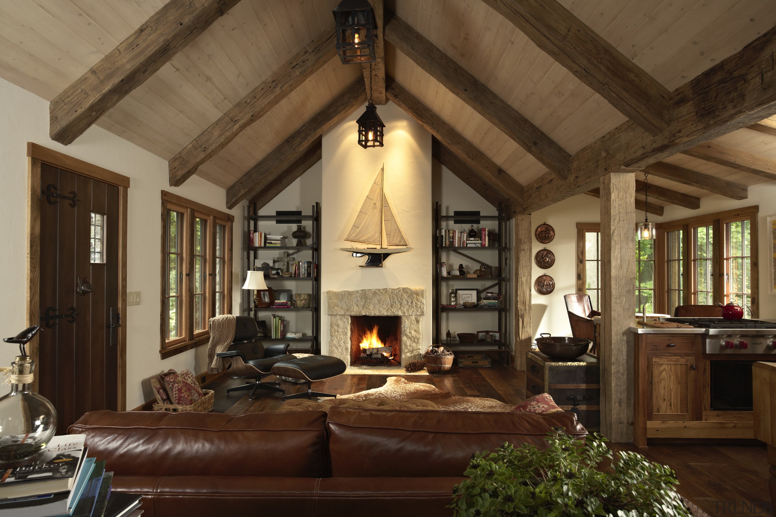 Lounge with brown leather couches, exposed ceiling beams beam, ceiling, home, interior design, living room, room, window, wood, brown