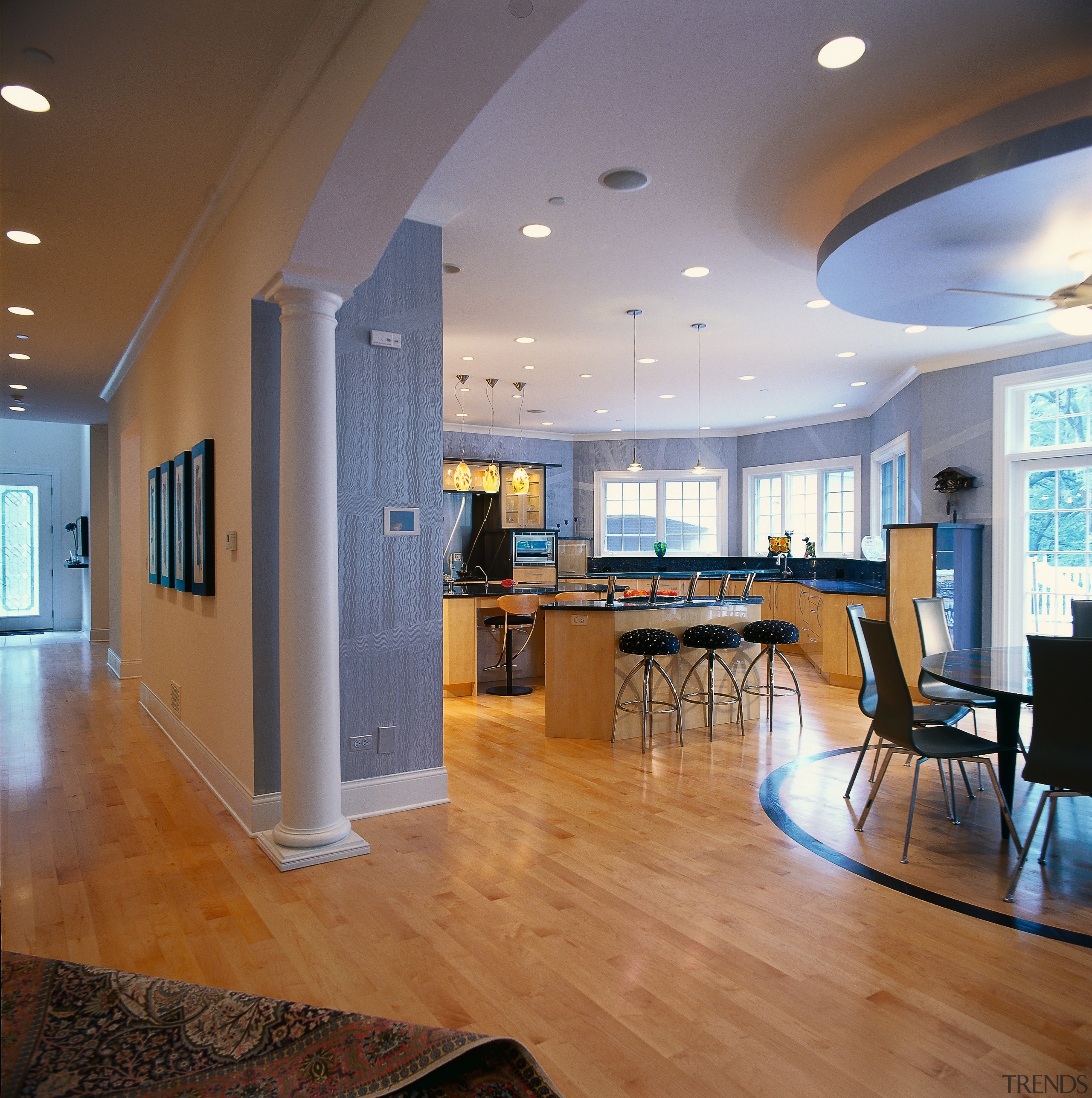 Broad view of the kitchen and dining areas ceiling, daylighting, floor, flooring, hardwood, interior design, laminate flooring, living room, lobby, real estate, room, wood flooring, brown, gray