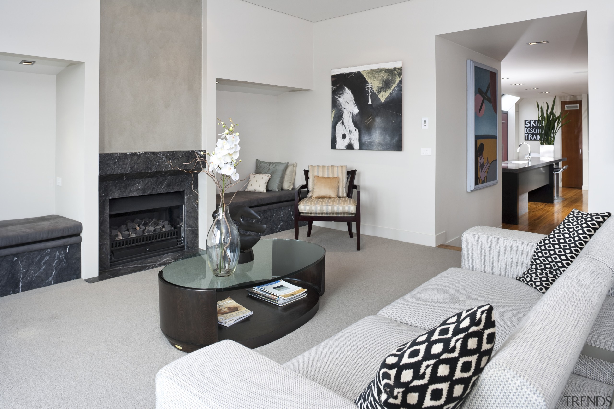 View of the living spaces featuring Asian oak home, interior design, living room, property, real estate, room, suite, gray, white