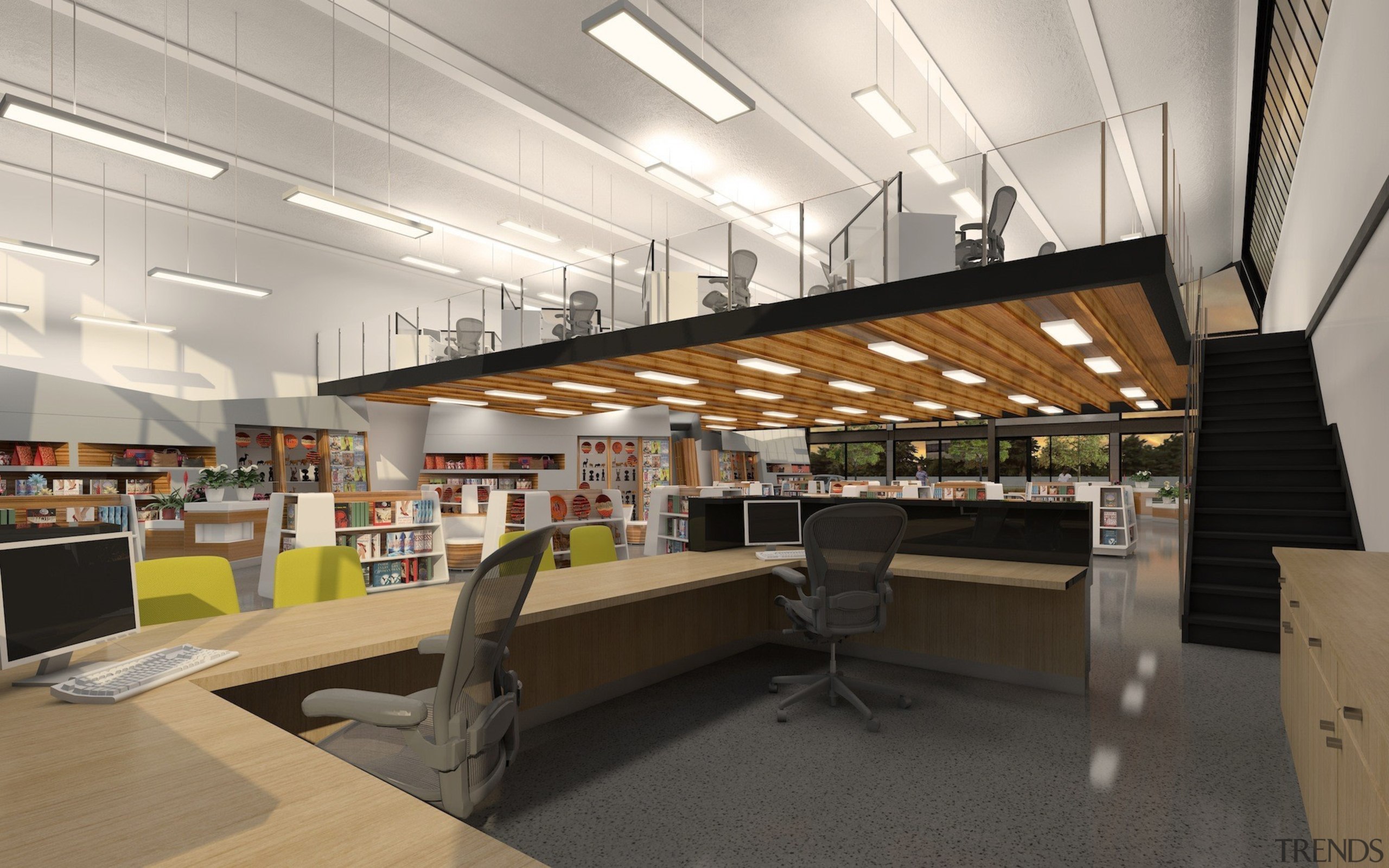Calder Stewart developed this project using an adaptable ceiling, daylighting, institution, interior design, public library, gray, black