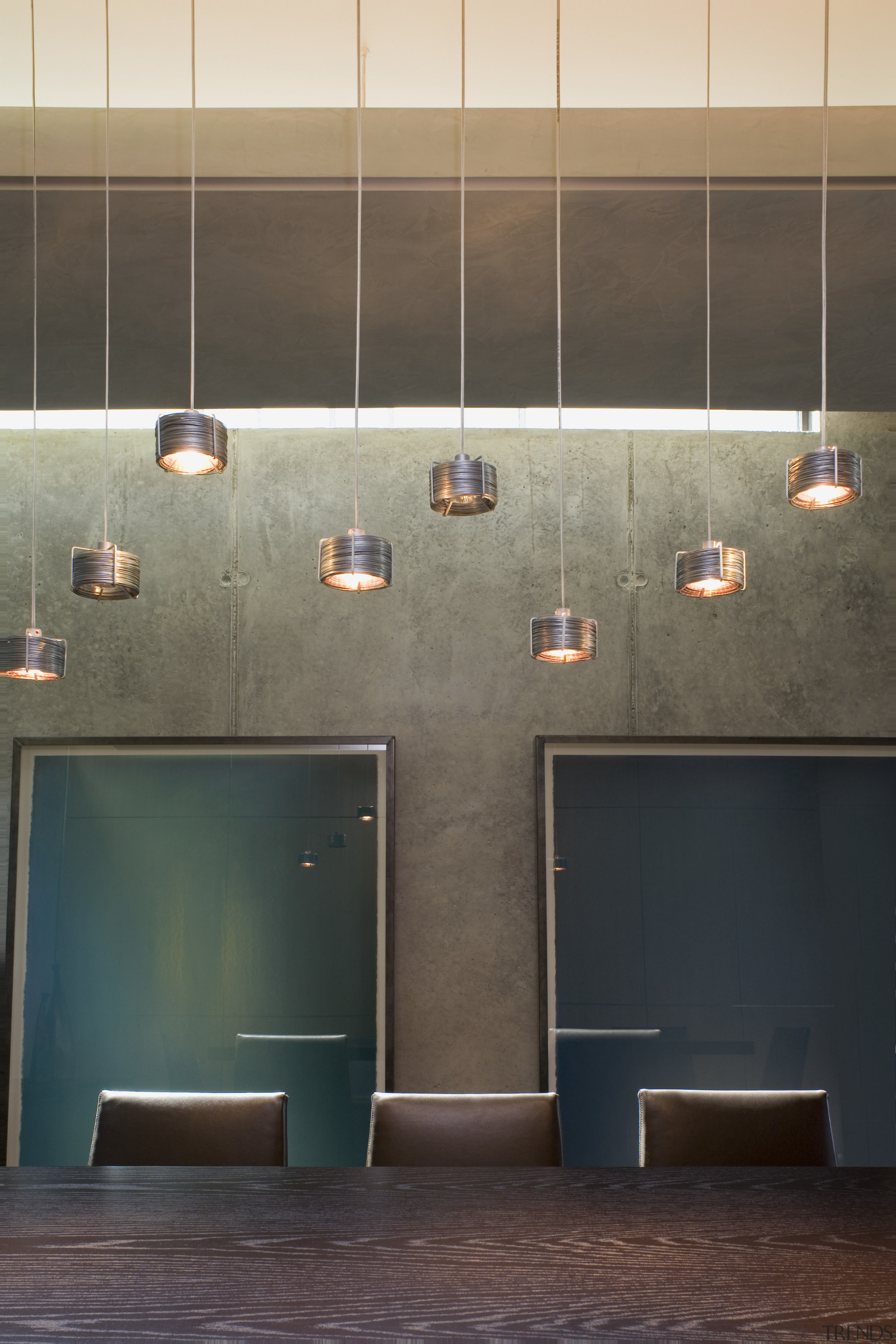 Contemporary home features extensive lighting above the dining architecture, ceiling, floor, interior design, wall, black, gray