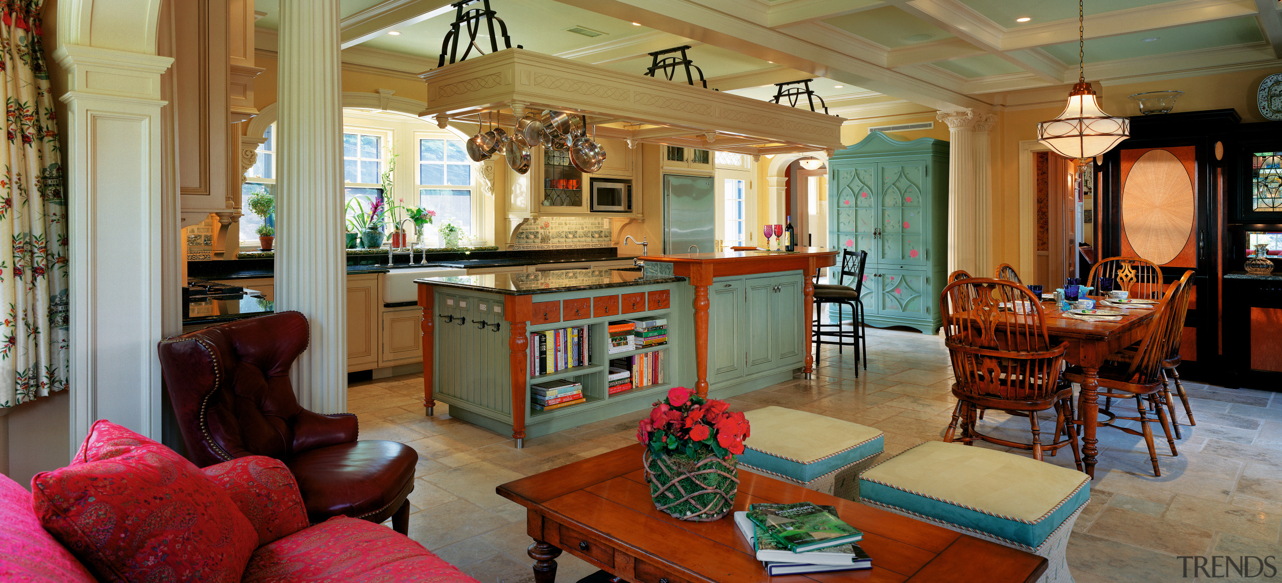 view of the kitchen and informal dining area estate, home, interior design, living room, real estate, room, brown