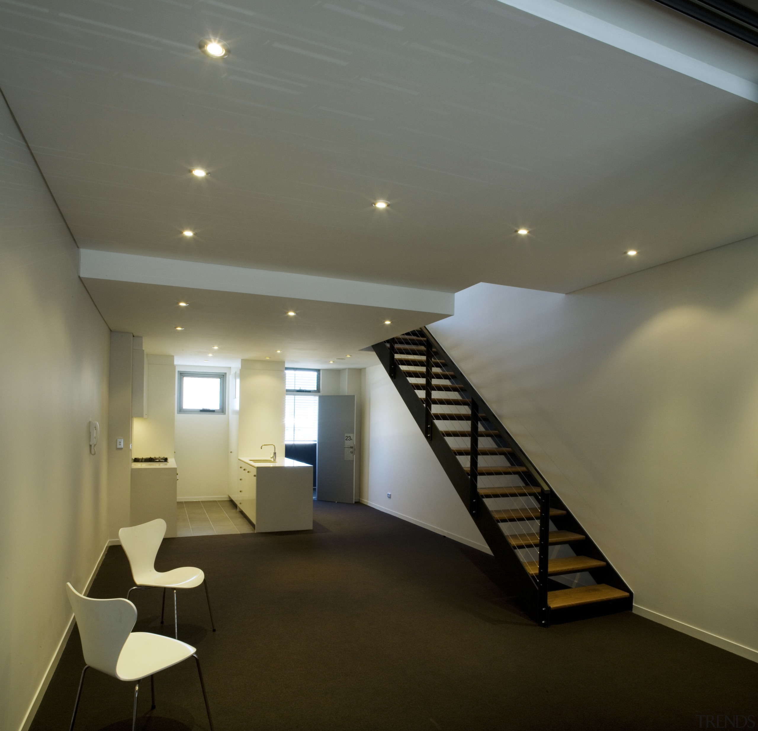 Interior view of a stairway inside one of architecture, ceiling, daylighting, floor, interior design, stairs, gray, brown