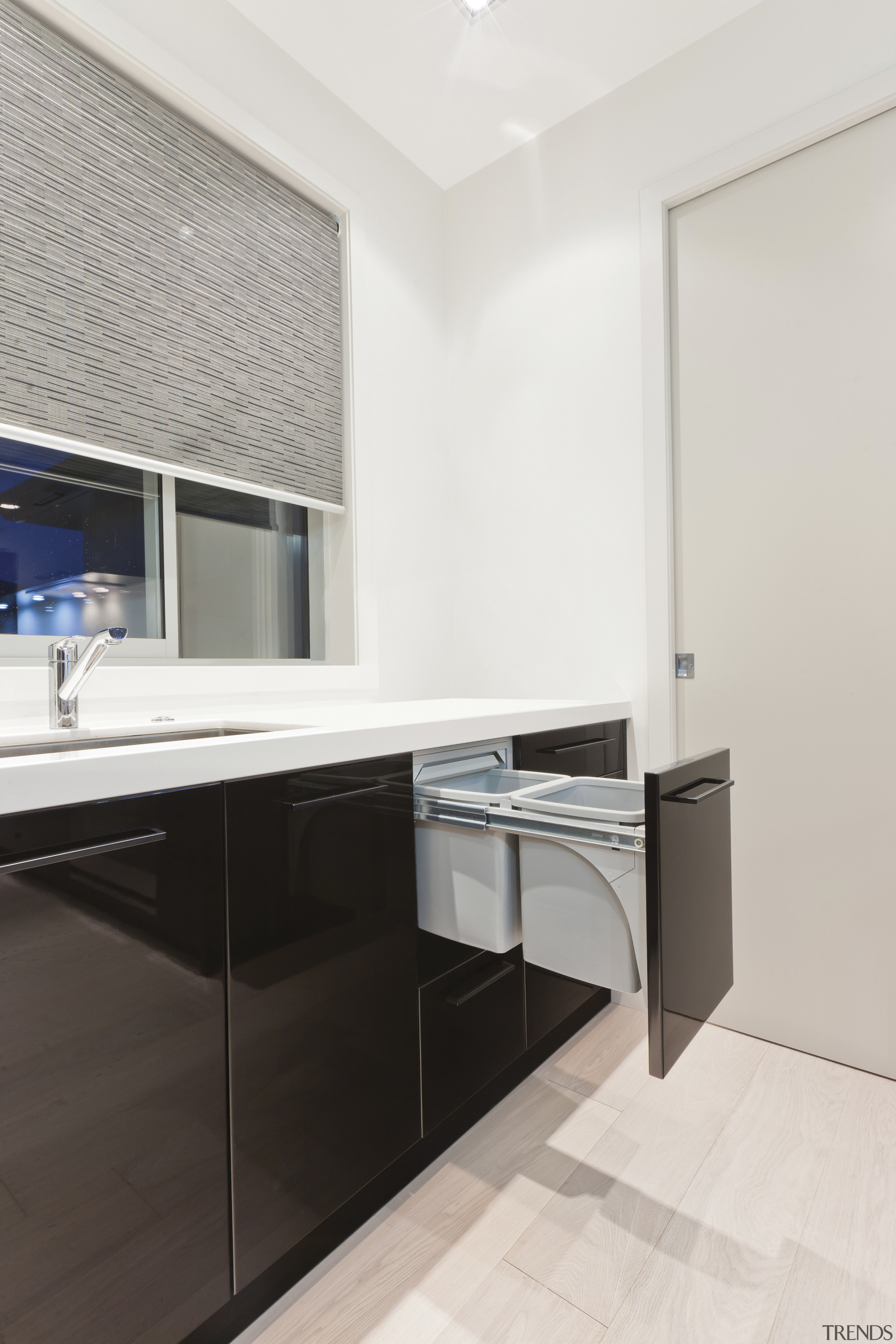 View of hideaway bin in kitchen with light architecture, floor, interior design, kitchen, room, sink, white