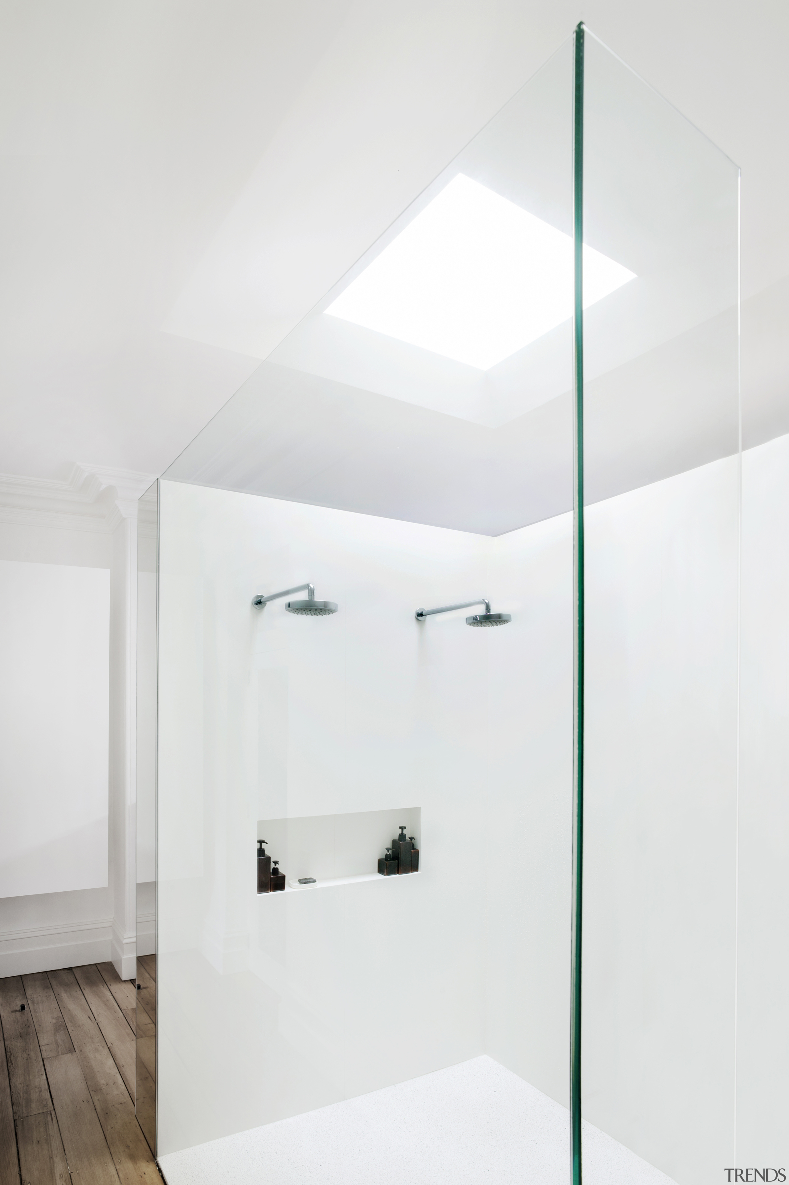 A chamfered skylight brings diffuse light into this angle, bathroom, bathroom sink, ceiling, daylighting, interior design, light, lighting, plumbing fixture, tap, white