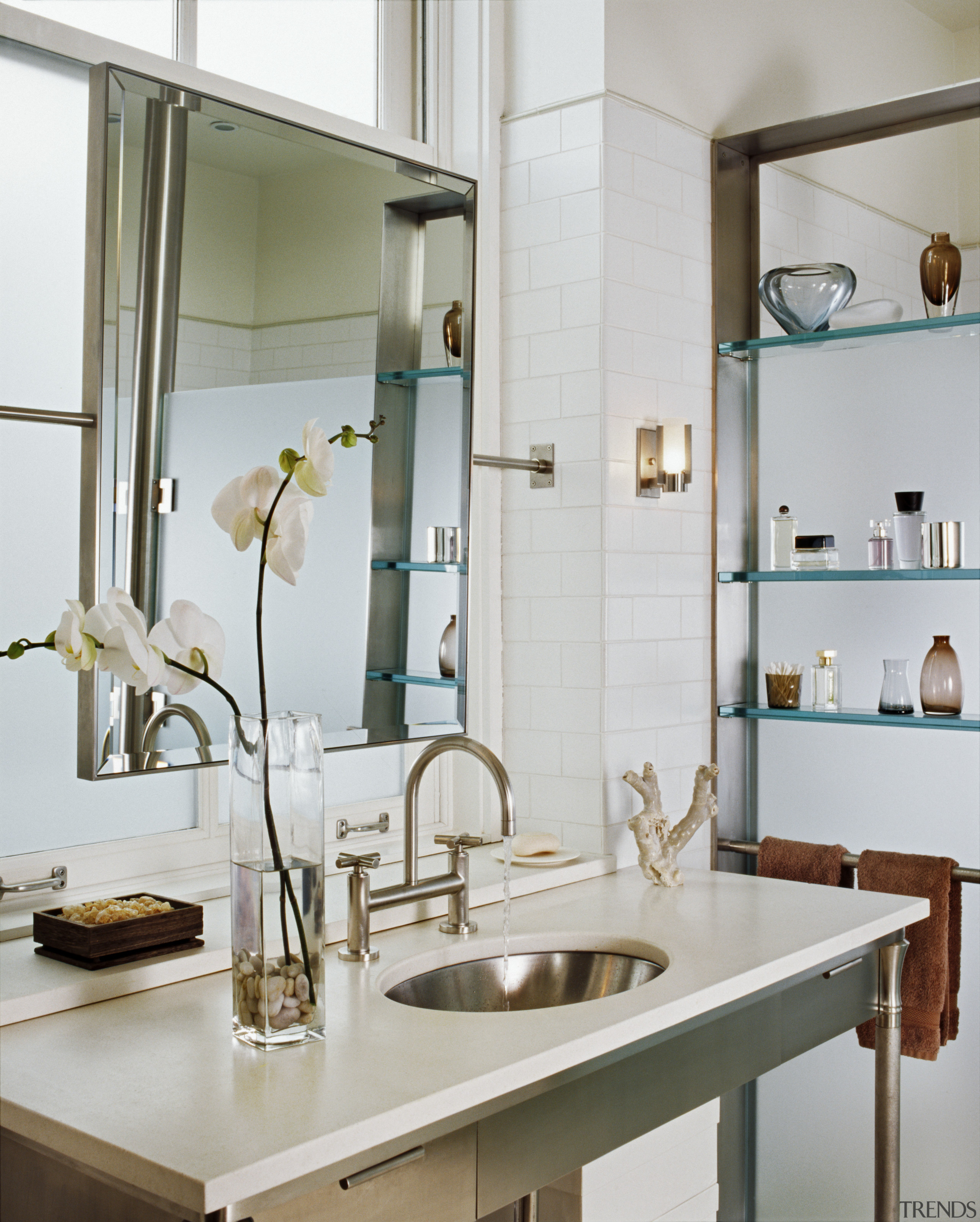 view of bathroom vanity with basin and tapware, bathroom, bathroom accessory, countertop, home, interior design, product design, room, sink, tap, gray, white