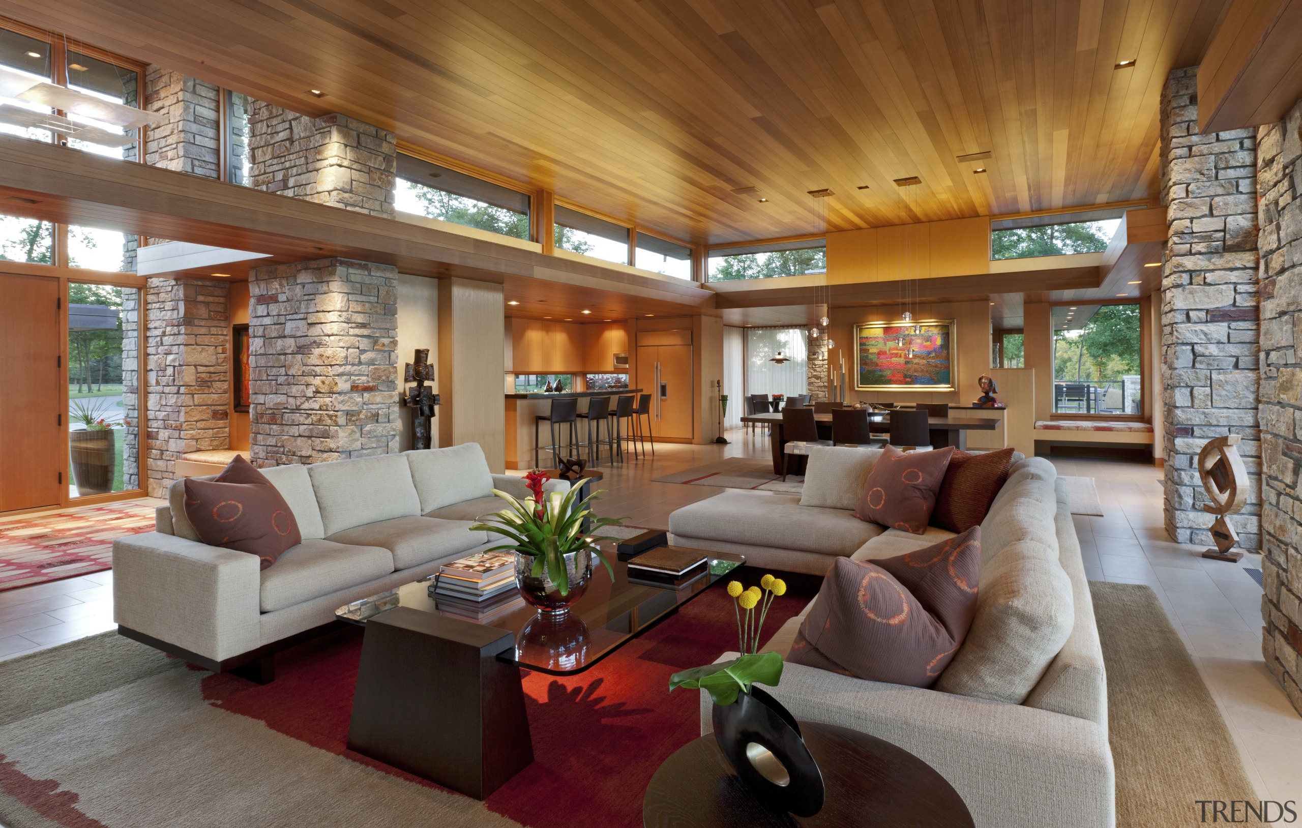 timber roofs, white couches, red rug in centre ceiling, estate, home, house, interior design, living room, lobby, real estate, room, brown, gray