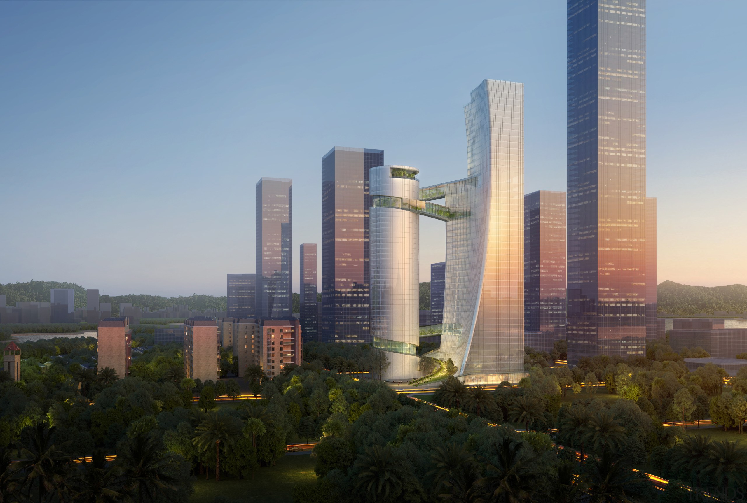iCarbonX in Shenzhen is to comprise of two architecture, atmospheric phenomenon, building, city, cityscape, commercial building, condominium, corporate headquarters, daytime, downtown, human settlement, metropolis, metropolitan area, mixed-use, morning, real estate, sky, skyline, skyscraper, tower, tower block, tree, urban area, urban design, gray