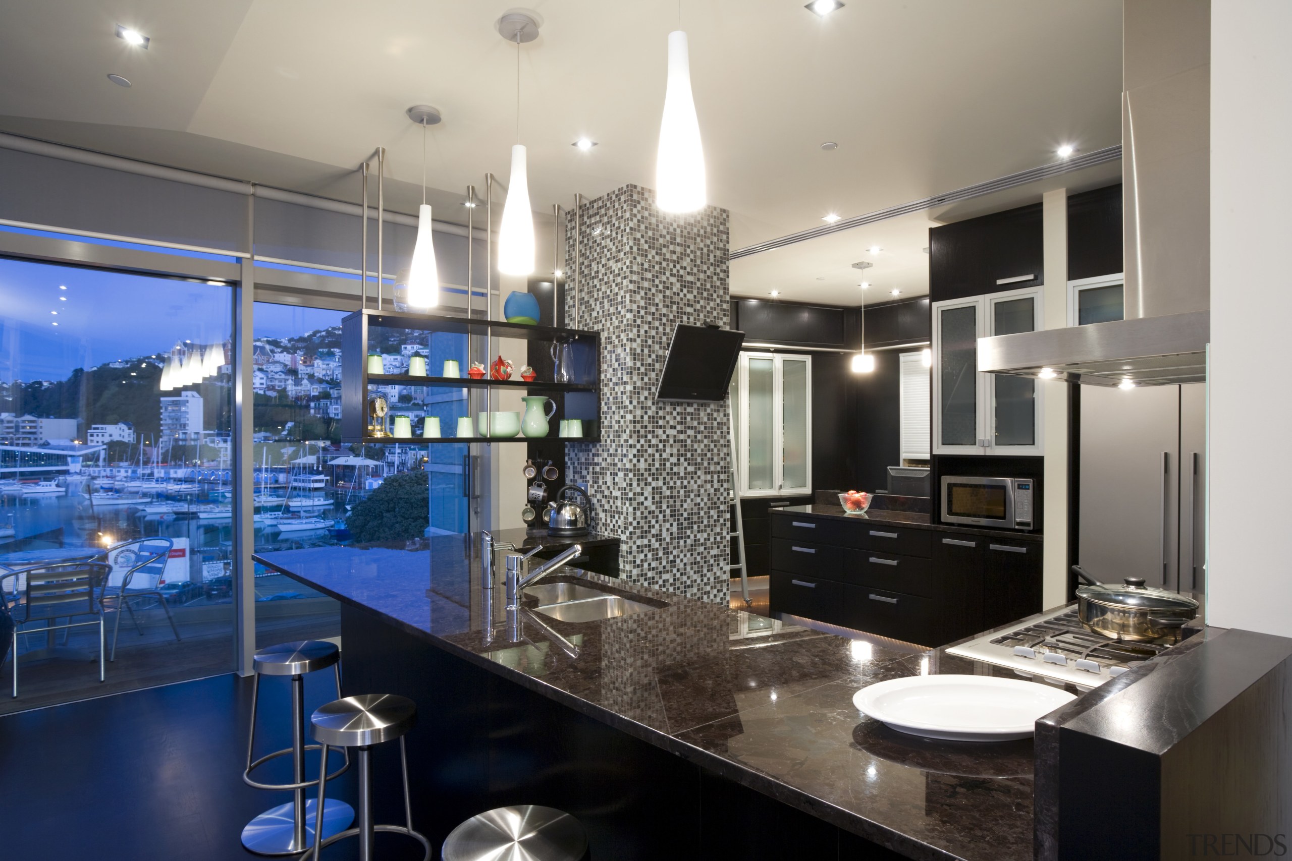 As the apartment has a high stud and countertop, interior design, kitchen, real estate, gray