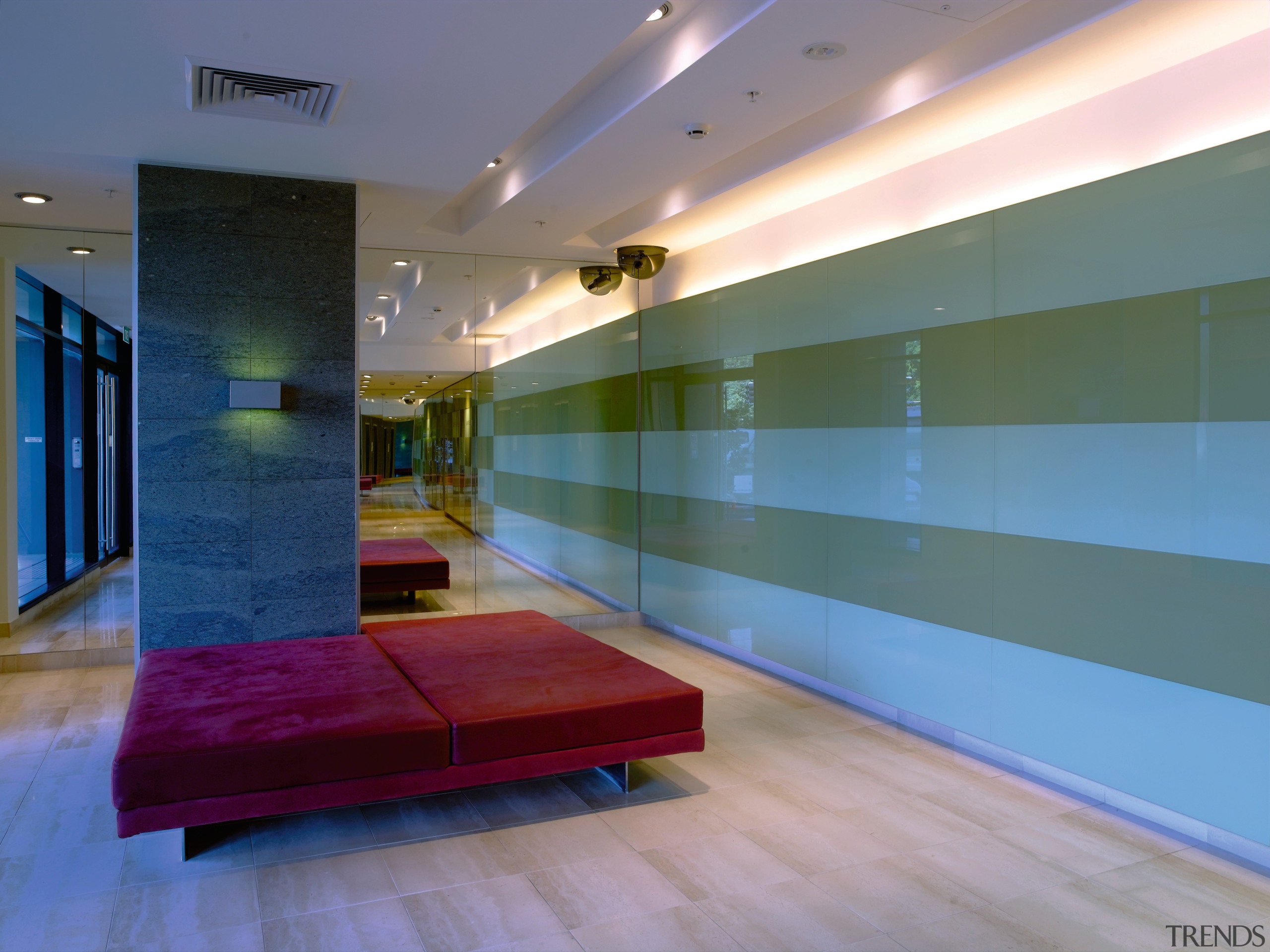 Interior veiw of the Lobby featuring laminate flooring, architecture, ceiling, daylighting, floor, flooring, glass, hardwood, house, interior design, lighting, lobby, real estate, room, wall, wood, wood flooring, gray