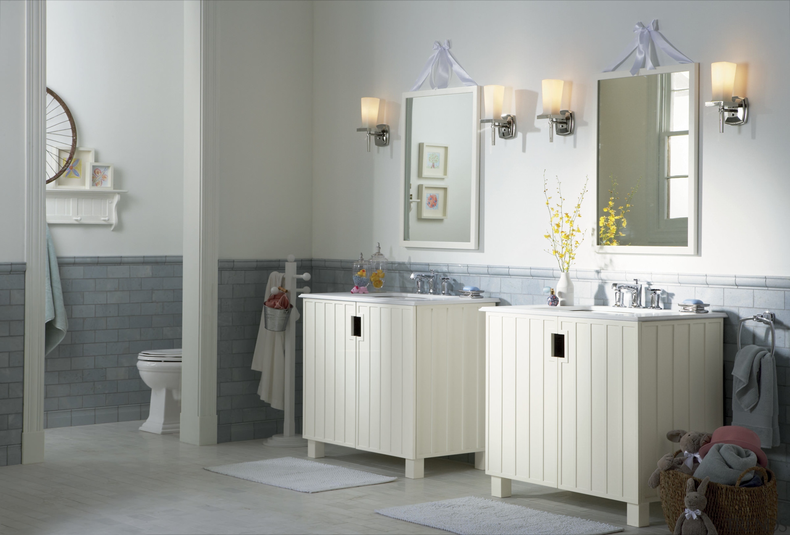 View of Kohler bathroomware. - View of Kohler bathroom, bathroom accessory, bathroom cabinet, floor, flooring, home, interior design, product, room, sink, gray