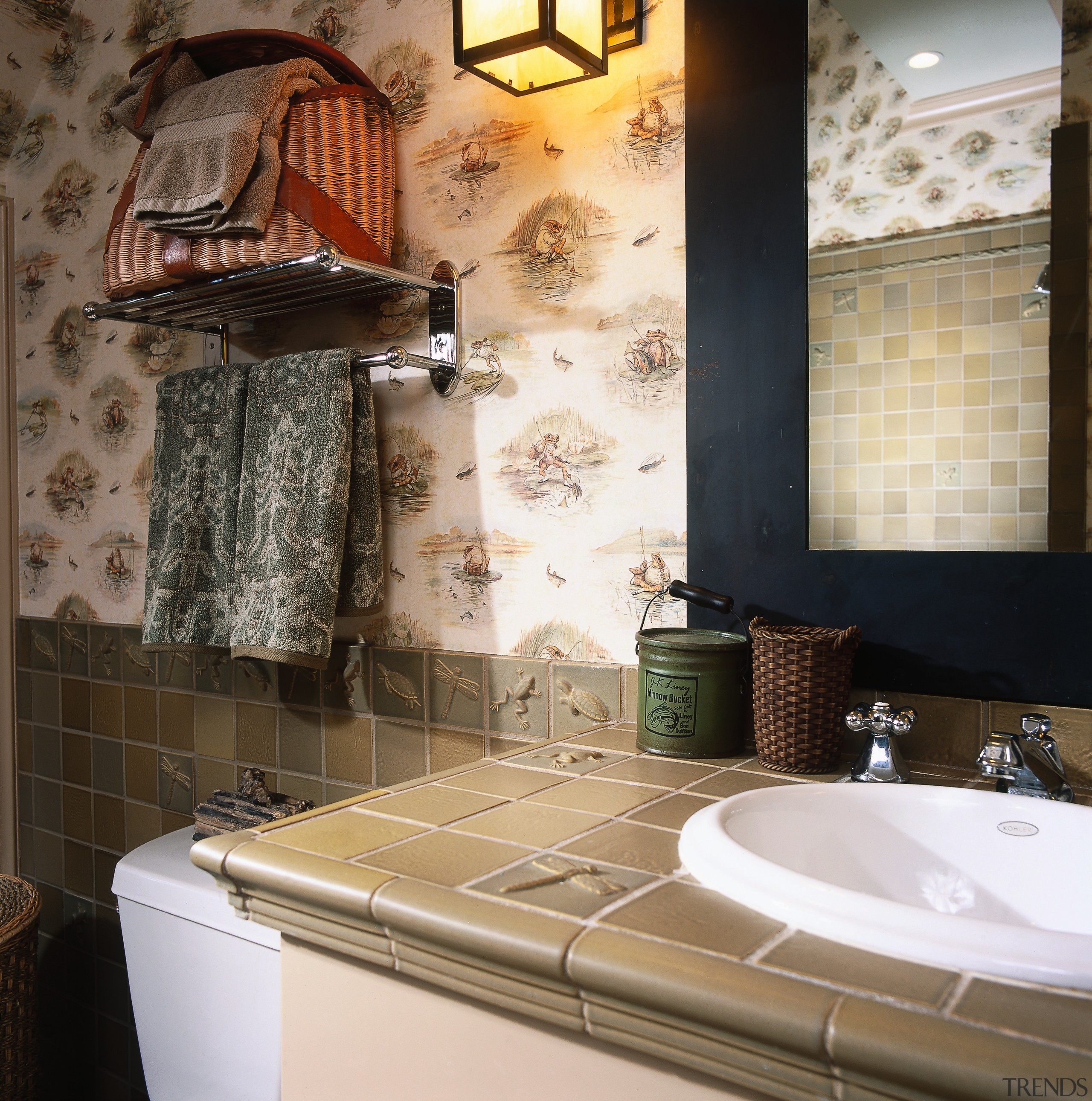 view of the tiled vanity, with accent tiles bathroom, ceiling, countertop, floor, flooring, home, interior design, room, sink, tile, wall, window, black, white
