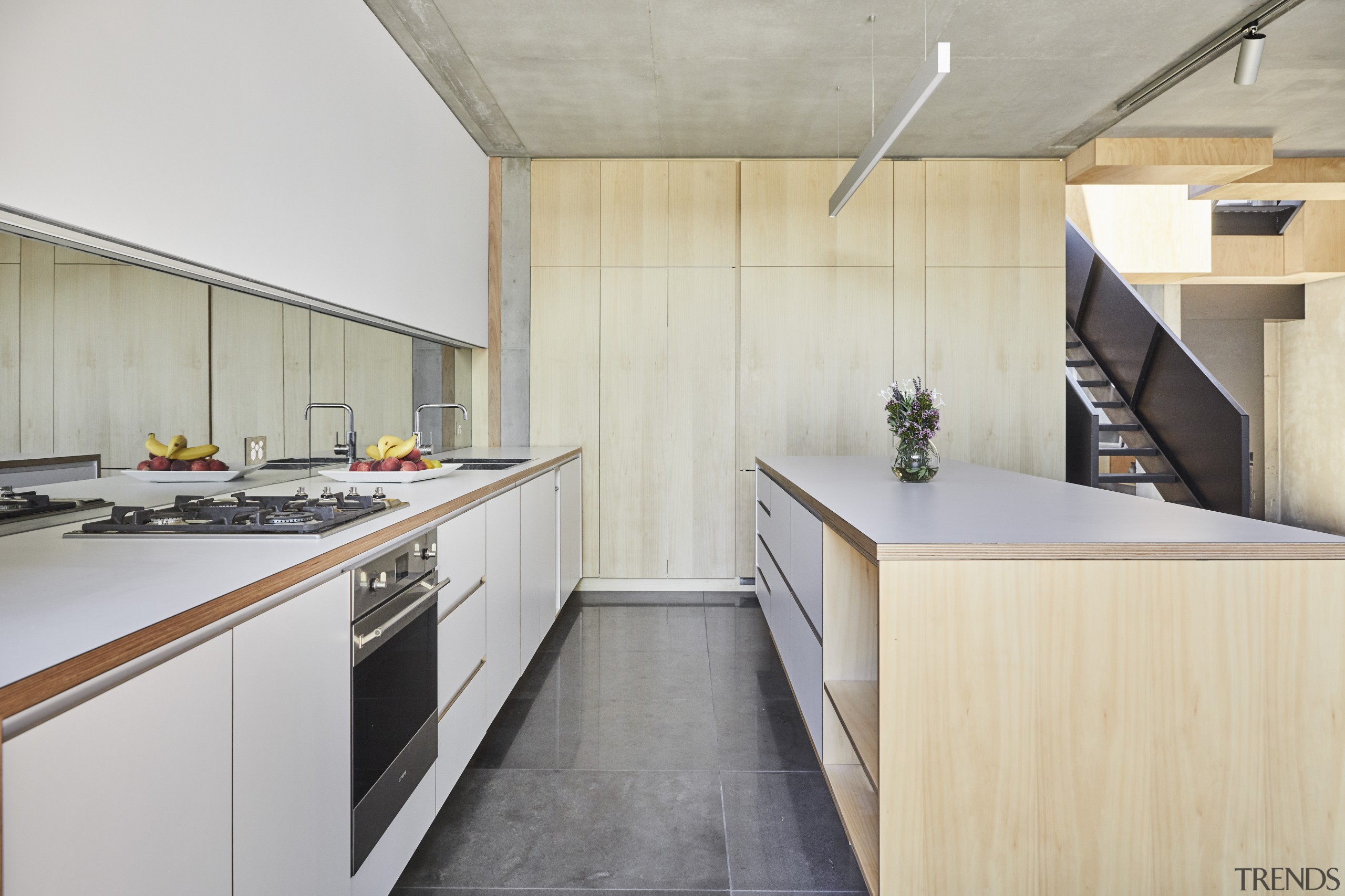 ​​​​​​​This kitchen’s lighting is all LED with a architecture, building, cabinetry, ceiling, countertop, floor, flooring, furniture, home, house, interior design, kitchen, loft, material property, plywood, property, real estate, room, wood, yellow, gray