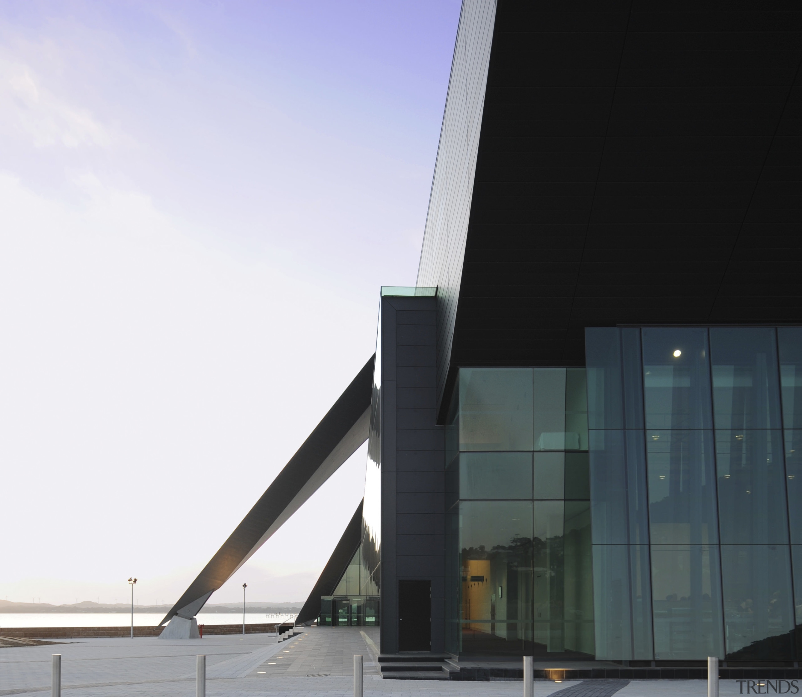 View of the exterior of the Albany Entertainment architecture, building, corporate headquarters, facade, fixed link, sky, white, black