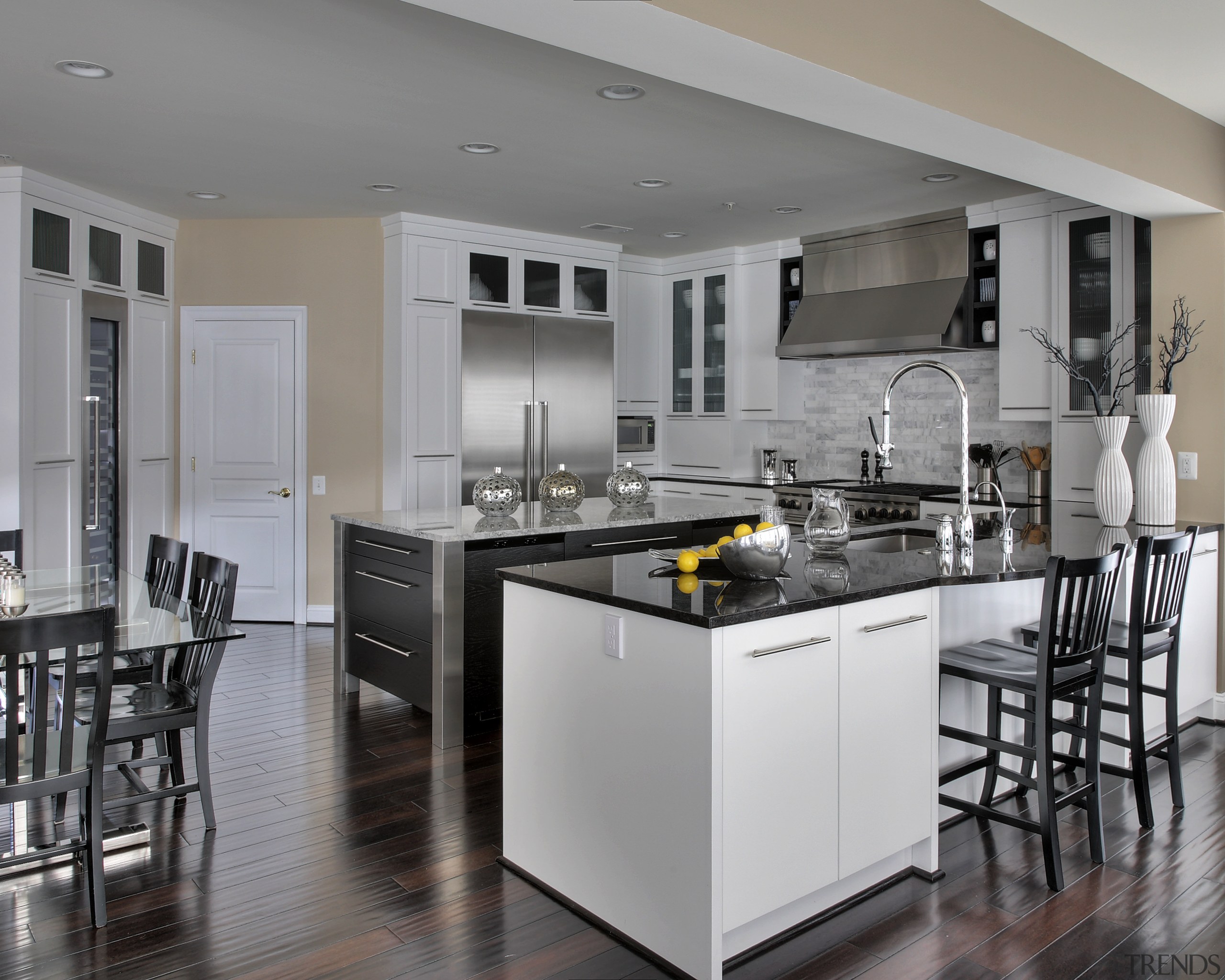 Monochromatic palette. Black painted oak island with stainless cabinetry, countertop, cuisine classique, interior design, kitchen, room, gray