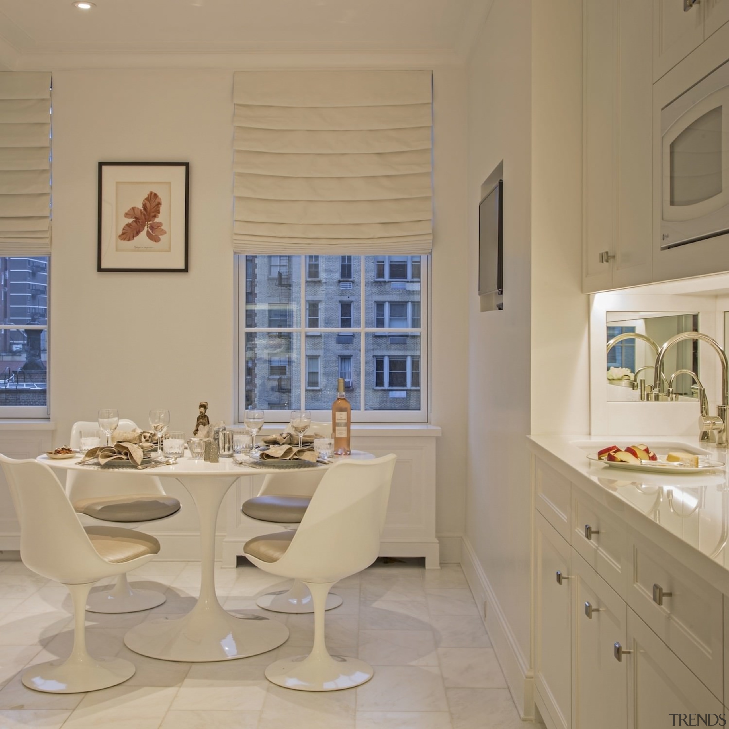 The updated kitchen doesn't entirely leave the past dining room, floor, flooring, furniture, home, interior design, kitchen, living room, real estate, room, table, wall, window, orange, brown