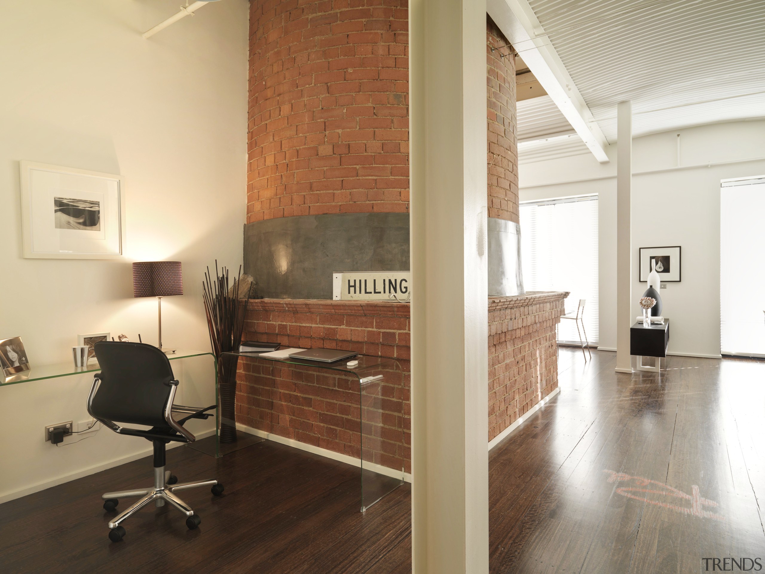 View of study area behind the large brick ceiling, floor, flooring, hardwood, interior design, laminate flooring, loft, real estate, wall, wood, wood flooring, white, brown, orange