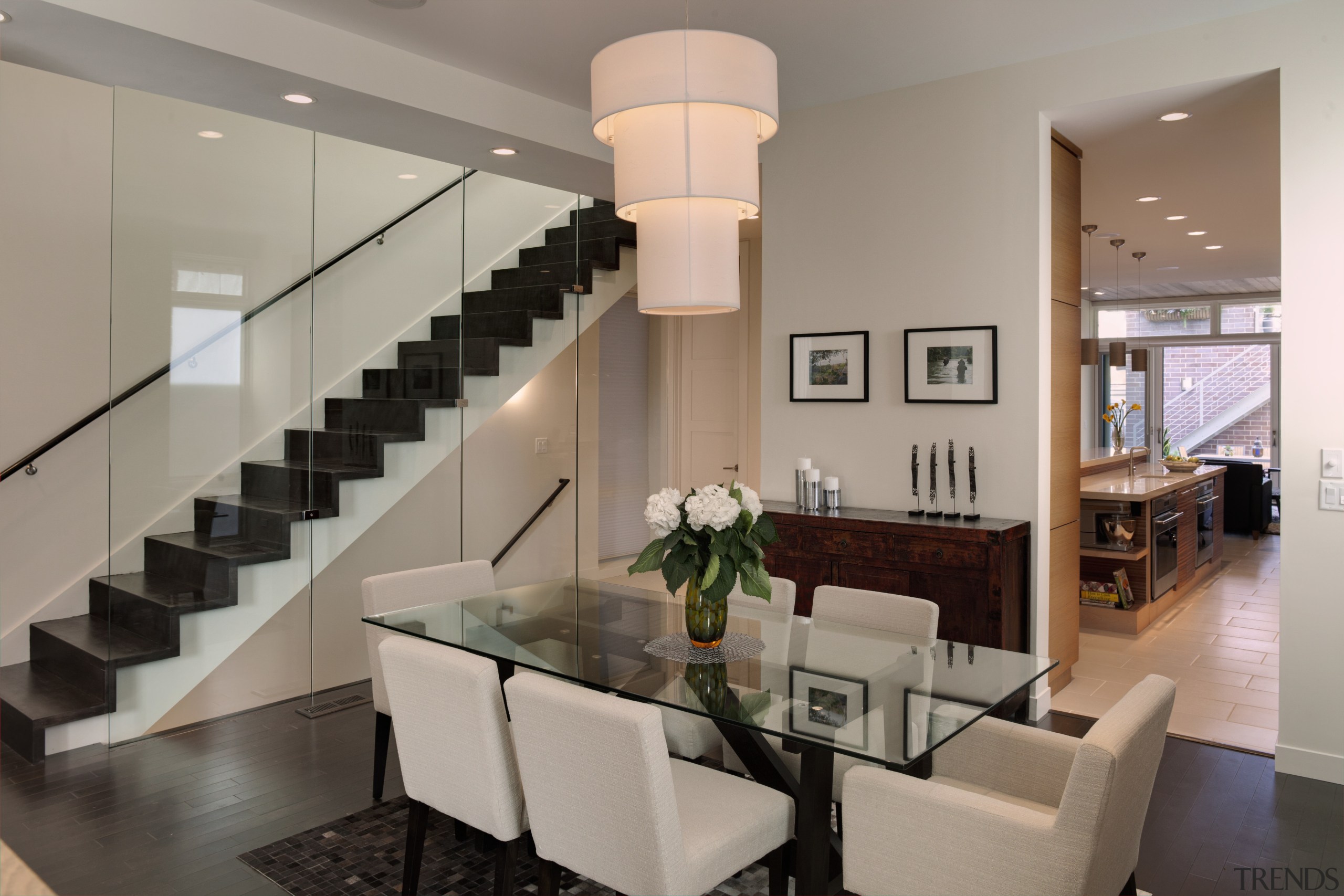 View of stairs leading down to dining area ceiling, dining room, interior design, living room, lobby, property, real estate, room, stairs, gray