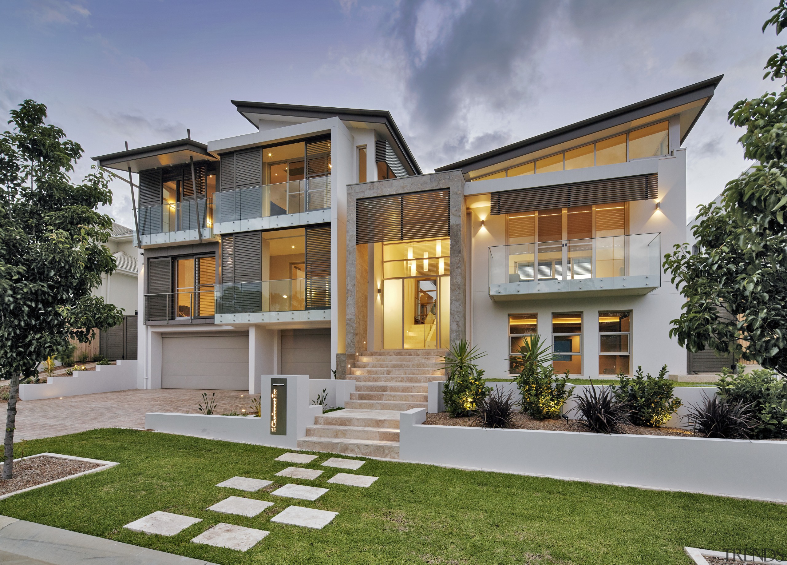 This new house built by Starr Constructions features building, elevation, estate, facade, home, house, mansion, neighbourhood, property, real estate, residential area, villa, gray